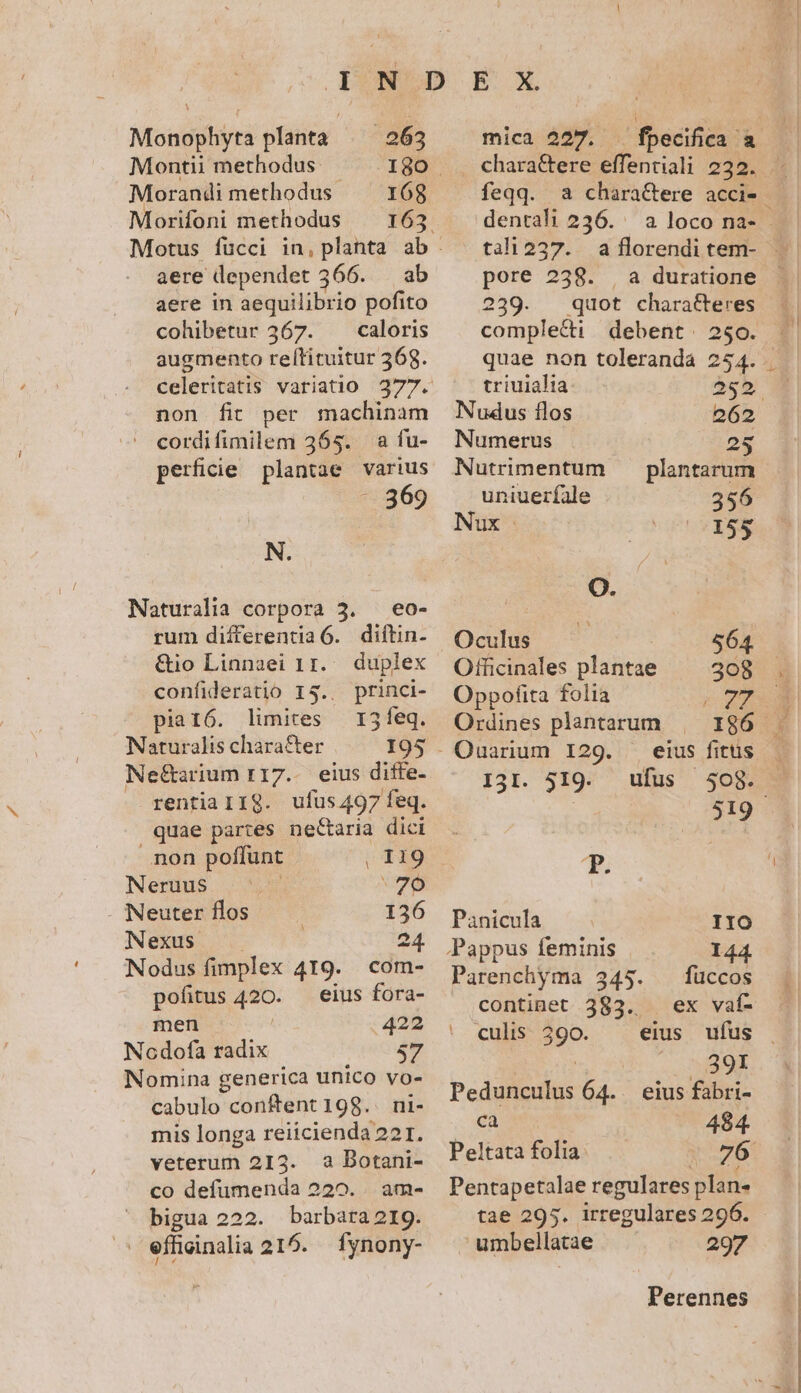 Mongitiprà planta. 263 Montii methodus: IgO Morandi methodus. 168 Aorifoni methodus — 163. aere dependet 366. ab aere in aequilibrio pofito cohibetur 367. ^ caloris augmento rellituitur 368. non fit per machinam ' cordifimilem 365. a fu- perficie plantae varius - 369 N. Naturalia corpora 3. — eo- rum differentia6. diítin. &amp;io Linnaei 11. duplex confideratio 15.. princi- piar6. limites 13feq. Naturalis character I95 . Ne&amp;arium r17.. eius diffe- rentia IIg. ufus497 feq. quae partes necaria dici non poffunt Neruus 76 Neuter flos | 136 Nexus... 2 Nodus fimplex 419. | com- pofitus 420. — eius fora- men | 422 Nodofa radix 57 Nomina generica unico vo- cabulo conftent 198... ni- mis longa reiicienda 221. veterum 213. a Dotani- co defumenda 220. am- bigua 222. barbara 21g. ^ effiginalia 216. fynony- mica 227. feqq. dentali 236. - tali 237. pore 258. 239. quot charafteres comple&amp;i debent. triuialia- 252 Nudus flos 262. Numerus 25 Nutrimentum — plantarum uniuerfale 356 Nux en e Oo. Oculus 564 Officinales plantae 308 39 Oppofita folia LZ Ordines plantarum Ouarium I29. — eius fitus I3I. 519. ufus 508. $19 P. | Panicula IIO Pappus feminis 144 Parenchyma 345. füccos continet 383. ex vaf- | culis 390. — eius ufus . | ..39I Pedunculus 64. . eius fabri- ca 484. Peltata folia 1-25: Pentapetalae regulares plane tae 295. irregulares 296. umbellatae 297 l'erennes