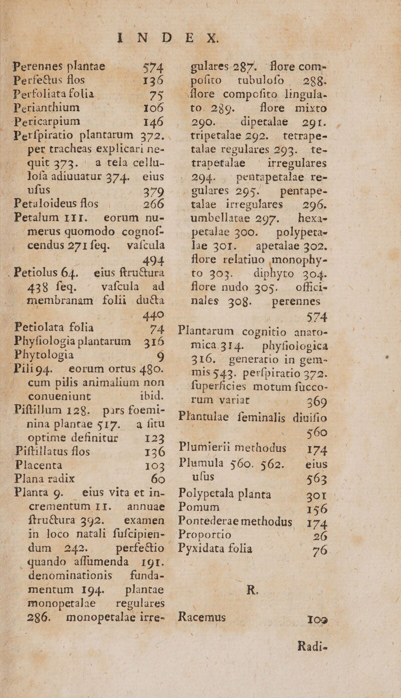 Perenaes plantae | 574 ^ Perfe&amp;us flos | 136 |^ Perfoliata folia | 2 75 Perianthium 106 Pericarpium 146 per tracheas explicari ne- quit 373. ' a tela cellu- lofaadiuuatur 374. eius ufus 379 Petaloideus flos 266 Petalum III. eorum nu- merus quomodo cognof- cendus 271 feq. vafcula s 494 .Petiolus 64. eius ftru&amp;ura 438 feq. vafcula . ad membranam folü du&amp;a | : | 449 . Petiolata folia 74. Phyfiologia plantarum 316 Phytologia 9 Pilig4. eorum ortus 480. cum pilis animalium non conueniunt ibid. Piftillum 128... pars foemi- nina plantae 517. a fitu optime definitur 123 Piftillatus flos 136 Placenta . 103 Plana radix 60 Planta 9. — eius vita et in- crementum IT. annuae Ítru&amp;tura 392. — examen in loco natali fufcipien- dum 242. quando affumenda 19r. denominationis — funda- mentum I94. plantae monopetalae | regulares TE inonopetalae irre- . gulares e flore com- | pofito ulofo 298. Mlore compcfito lingula. to. 289. flore mixto 290. dipetalae 29r. tripetalae 292. tetrape- talae regulares 293. te- trapetalae ^ irregulares - 294. pentapetalae re- gulares 295. . pentape- talae irregulares — 296. umbellatae 297. — hexa- petalae 300. . polypeta- lae 301. . apetalae 302. flore relatiuo imonophy- to 303. diphyto 204. flore nudo 305. offici- nales 308. perennes 374 Plantarum cognitio anato- mica 314. phyfiologica 316. generatio in gem- mis $43. perfpiratio 372. füperficies motum fucco- ruin variat 369 Plantulae feminalis diuifio j à 560 Plumierii methodus — 174 Plumula 560. 562. eius ufus 563 Polypetala planta. Bor. Pomum 156 Pontederae methodus. 174. Proportio |. 26 Pyxidata folia 76. d Racemus Ioo Radi-