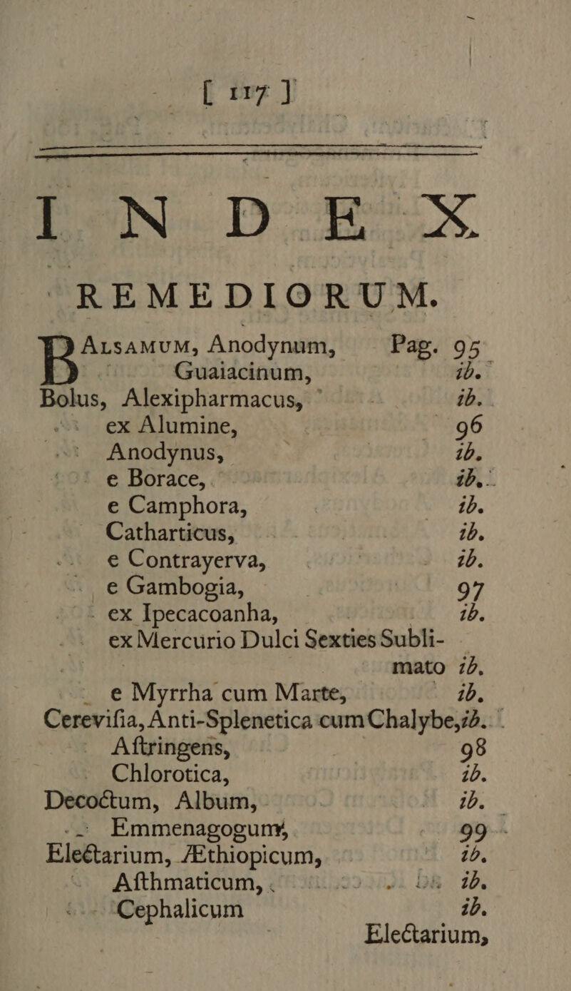 [ 17] DON OD RX REMEDIORUM. ALSAMUM, Anodynum, Pag. 95 Guaiacinum, ib. pies; Alexipharmacus, © ib. ex Alumine, | .96 Anodynus, | 1b. : e Borace, ib. . e Camphora, - db. Catharticus, 7 ib. e Contrayerva, | ib. e Gambogia, | 97 . ex Ipecacoanha, ib. ex Mercurio Dulci Sexties Subli- | mato 7d, e Myrrha cum Marte, 1b. Cerevifia, Anti-Splenetica cum Chalybe;i2.. ' Aftringens, 98 . Chlorotica, 10. Decoctum, Album, AR . Emmenagoguny, 99 - Eleétarium, 7Ethiopicum, ib. vw Afthmaticum, 0. 09202. GR 1d, Cephalicum id. Electarium,