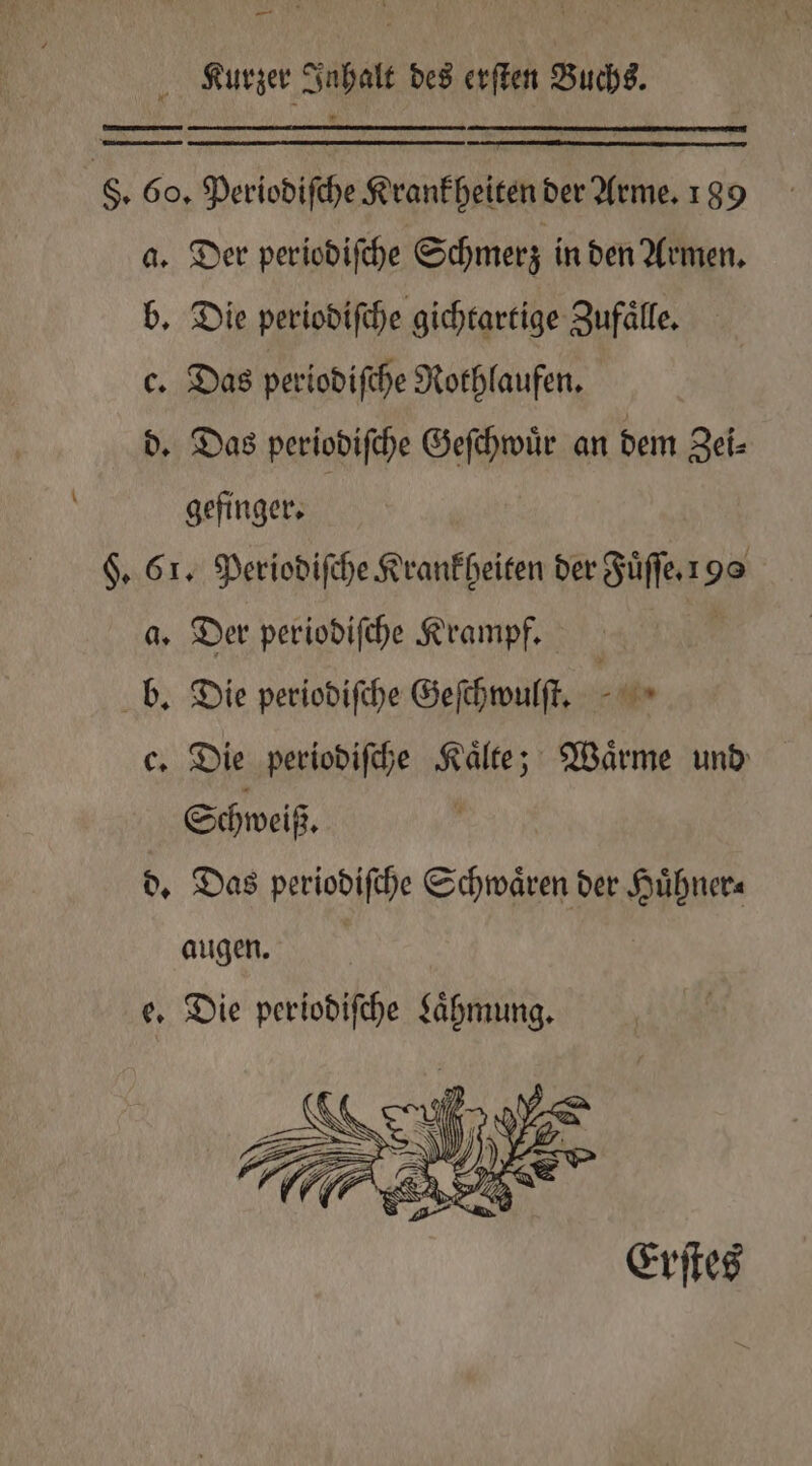 — a Kurzer Inhalt des erſten Buchs. | §. 60, Periodiſche Krankheiten der Arme. 189 a. Der periodiſche Schmerz in den Armen. b. Die periodiſche gichtartige Zufaͤlle. c. Das periodiſche Rothlaufen. d. Das periodiſche Geſchwuͤr an dem Zei⸗ gefinger. §. 61. Periodiſche Krankheiten der Fuͤſſe. 2 a. Der periodiſche Krampf. b. Die periodiſche Geſchwulſt. c. Die periodiſche Kaͤlte; Waͤrme und Schweiß. d. Das periodiſche Schwaͤren der oe augen. e. Die periodiſche EDER,