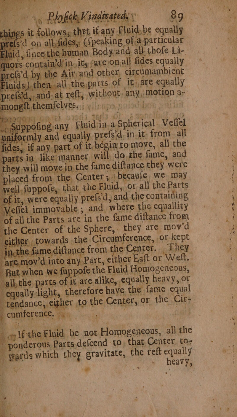 Pat Abings it follows, thet if any Fluid, be equally prefs'd on allsfides, ({peaking of aparticular: Fluid , Since the, human, Body,and. all. thofe Li- quors contain’d’in, ity garejon.all fides. equally re nids).then,.all the parts of it.,are equally prefs sand: at reft, without, any, motion a- nongit themfelves..| yo ripa sod t fiat } Pearman iiwirh OOH IhNI Le Me, ae “edppofing any Fluid ina Spherical Velfel uniformly and equally prefs’d, in it, from all fides, if any part of it béginto move, all the parts in. like manner will do.the fame, and they, will movein.the fame diftance they were ‘placed. from the Center; becauie, we may well.fuppofe,, that the Fluid, oral the Parts ‘of it, were equally prefs, and the containing Veilel immovable ; and, where the equallity of all the Parts are in the fame diftance from the Center of the Sphere, they are moy'd -sither, towards the Circumference, or kept incthe fame diftance from the Center. They ‘are,mov’d into any Part, either Eaft or Welt. But when we fuppofe the Fluid Homogeneous, “all, the. parts of it are alike, equally heavy, or “equally-light, therefore have the fame equal -cumference. ; hay lf the Fluid be not Homogeneous, all the i ponderous Parts defcend to that Center to- / wards which they gravitate, the reft equally 4 tx , es : . aa heavy, Sl Sa P-