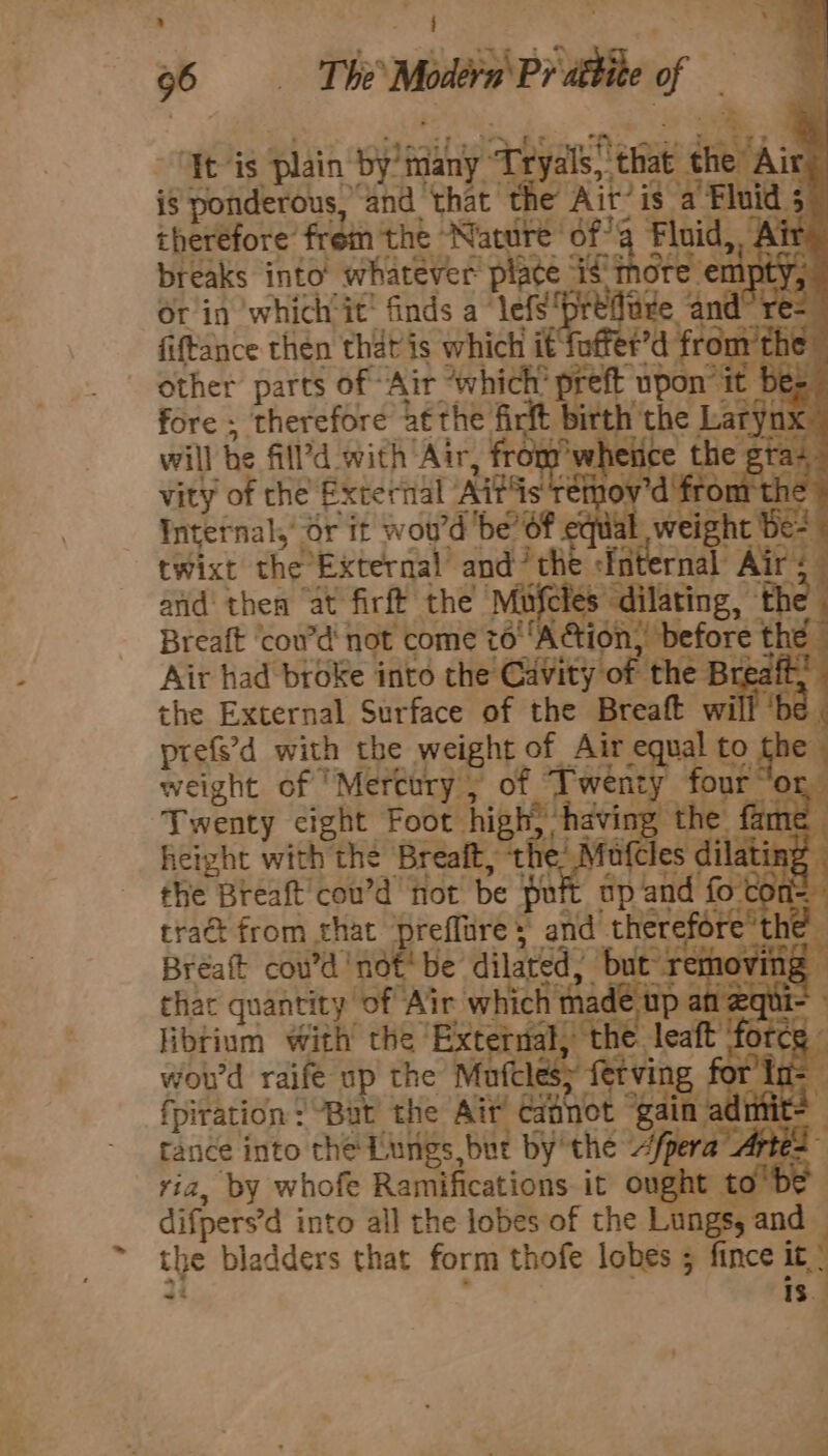 ‘Ttis plin by’t saikay yas ‘that ie | onderous, and that the: Ait? is a ieHeote from the Nature of’ breaks into’ whatever place is'm Or in which'it' finds a ‘lefs fiftance then that is which it other parts of Air ‘which’ p fore ; therefore bethe fi birt will he fill’d wich Air, from 'wheii vity of che Exterial Aitis te Internal, Or it wou d'be’ Of equ | twixt the’ ‘External’ and? the: 7 ir?4 arid’ thea ‘at firft the Mufeles ‘dilating, ‘the. Breaft ‘cou’d' not come to' Action,’ before the” Air had broke into the Cavity of the B Sat a the External Surface of “% Breaft a ‘be. prefs’d with the we ht of Air equal to e weight of Meee of Tovey eles Twenty eight fot hig the | he fame 7 height with the Brealt, + Re ts di ating the Breaft cou’d not be put ap and fo cons tract from that ‘preflure} and a ley Bréatt coud ‘not' be: dilated, bt i moving thar quantity of Air Raigude librium with the ‘Externa woud raife up the cet, tH ig or In- fpiration “Bat the Ait’ ciinot gain adi : tance into the Lungs bue by the “fpe Ar iz ria, by whofe Ramifications it ought t to be difpers d into all the lobes of the Lungs, and the bladders that form thofe lobes 5 fince i.