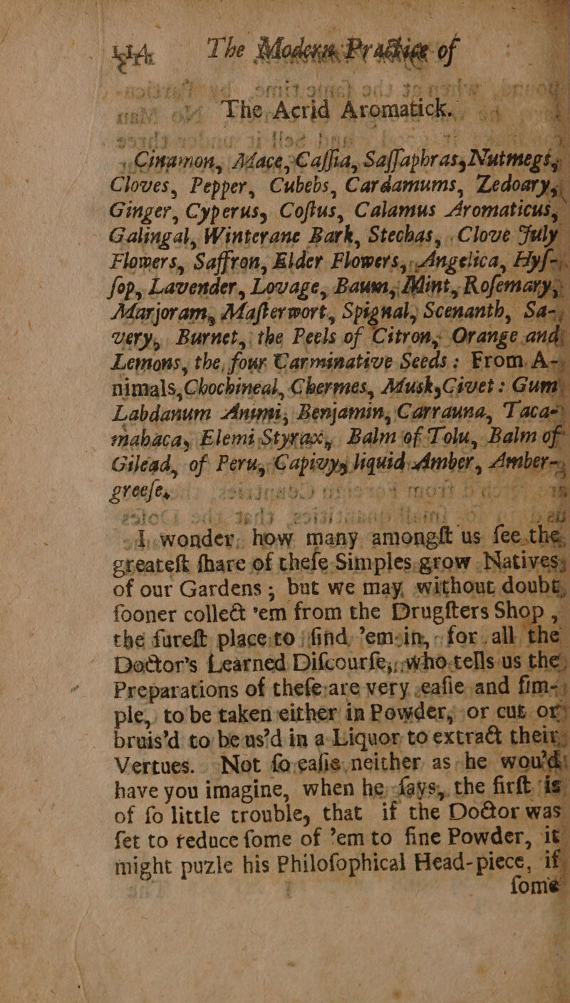 iit, The Modena Praise of os splay bre i ct gh SP a J PE d Tart ¥ 5 an Peet Siitas Oti. eI it : caw olf ThepAcrid Aromaticky, ¢4° «ii f . 4 7 ia Cinamon, Adace,Caffia, Safjapbr as, Nutmegs., Cloves, Pepper, Cubebs, Cardamums, Zedoarys Ginger, Cyperus, Coftus, Calamus Aromaticus, - Galingal, Winterane Bark, Stechas, Clove Fully Flowers, Saffron, Eider Flowers,, Angelica, Fiyf), Sop, Lavender, Lovage, Baum, Mint, Rofema Mar joram, Mafter wort, Spignal, Scenanth, S very, Burnet, the Peels of Citron, Orange .a Lemons, the, four Carminative Seeds: From. nimals,Chochineal, Chermes, AduskyCivet : Gum Labdanum Anim, Benjamin, Carrauna, Tava: mabacay Elemi Styrax, Balm of Tolu, Balm of Gilead, of Peru, Gapivyy quid Amber, Arabera, Lrecles, eines aasnd mor Piste ssloCi oct. tends estas Tai &gt; poe ae “Lwonder, how many amongft us fee.the, greateft fhare of thefe-Simples.grow Natives; of our Gardens ; but we may, without doub: fooner colle&amp; ‘em from the Drugfters Shop , the fureft place:to (find, ’emzin, ; for “alkyl Dodor’s Learned Difcourfe,,,who.tells us the) Preparations of thefe;are very ,eafie and fim-; ple, to be taken either in Powder, or cus or bruis’d to bens’d in a-Liquor to extra theit, Vertues. Not forcalis.neither ashe wou'd: have you imagine, when he) -fays,, the firft is of fo little trouble, that if the Do@or was fet to teduce fome of ’em to fine Powder, it night puzle his Philofophical Head- piece, if ome