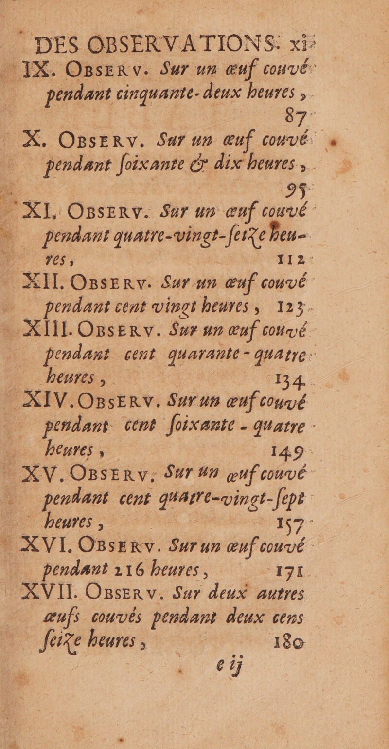 DES OBSERVATIONS. xi: IX. OBsERv. Sur un œuf couvé pendant cinquante. - deux heures ,. _ X. OnsERv. Sur un œuf couvé. pendant Joixanre G: dix heures; 7 “x OBsERv. Sur un œnf couvé _ pendant quaire- vingt- fesze Den res ; À. Ÿ12- XIL. OgBsErRv. Sur un œuf convé pendant cent vingt heures, 123. _XIL OBsERv. Sur 47 @uf couv. pendant cent quarante - quatre: heures, 4: IV. OBSERV. Surun œnf couvé pendant cent Joixante . Quatre - heures, 149. PAR OBsERv: S#7 #n œuf couvé 4 pendant cént gUarr t-vinct- Je pe Ÿ Dents, | 157 : XVL. Oz: SERV. Swrun œuf couvé pendant 116 us ; 171. XVII OBserv. Sur deux autres œufs couvés pendant deux ces Joe heures sn 180 * €}