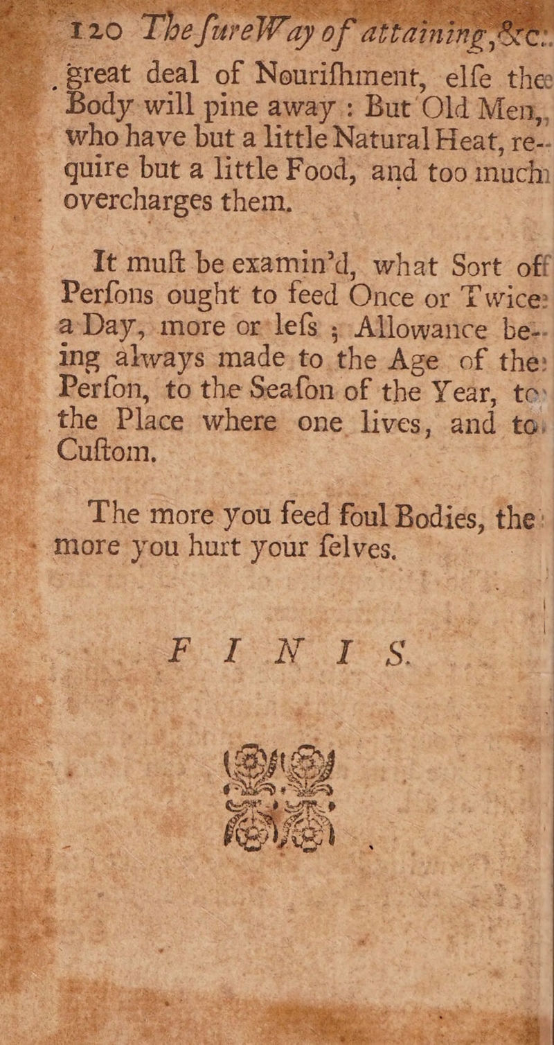 reat deal ap Hentindent: elie. the - Body will pine away : But’ Old Men,, » who have but a little Natural Heat, re-. quire but a little Food, and too much overcharges them. -. It muft be tore what Sort off Perfons ought to feed Once or Twice: a-Day, more or lefs ; Allowance be-- ing always made to. 'the Age of the: -Perfon, to the Seafon of the Year, to the Place where one. aes and toi , Cuftom, The more you feed foul 1 Bodies, the a taore: e you hurt your felves, ca eR: Ee i Fes. ae a moe af ae