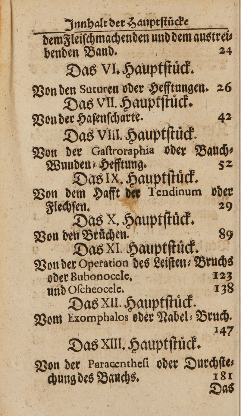 dem leiſchmachenden und dem austrei⸗ benden Band. 24 Das VI. Hauptſtück. Von den Sururen oder Hefftungen. 26 Das vll. Hauptſtuͤck. Von der Haſenſcharte. 42 Das VIII. Hauptſtuͤck. n der Gaſtroraphia oder u Wunden⸗ —— Bi 15 — Das IX. Hauptſtuͤck. Von dem Hafft d Tendinum 5 | e 1 o Fr a uptſtuͤck. Von den Brüchen. P p Das XI. Haup tſtück. | Von der Operation des — ehe oder Bubonocele. 1423 und Oſcheocele. 138 Das XII. Hauptſtuͤck. Vom 1 oder Nabel⸗ 1 Das XIII. Hauptſtuͤck. | Von der Paracenthefi oder Durch chung des Bauchs.