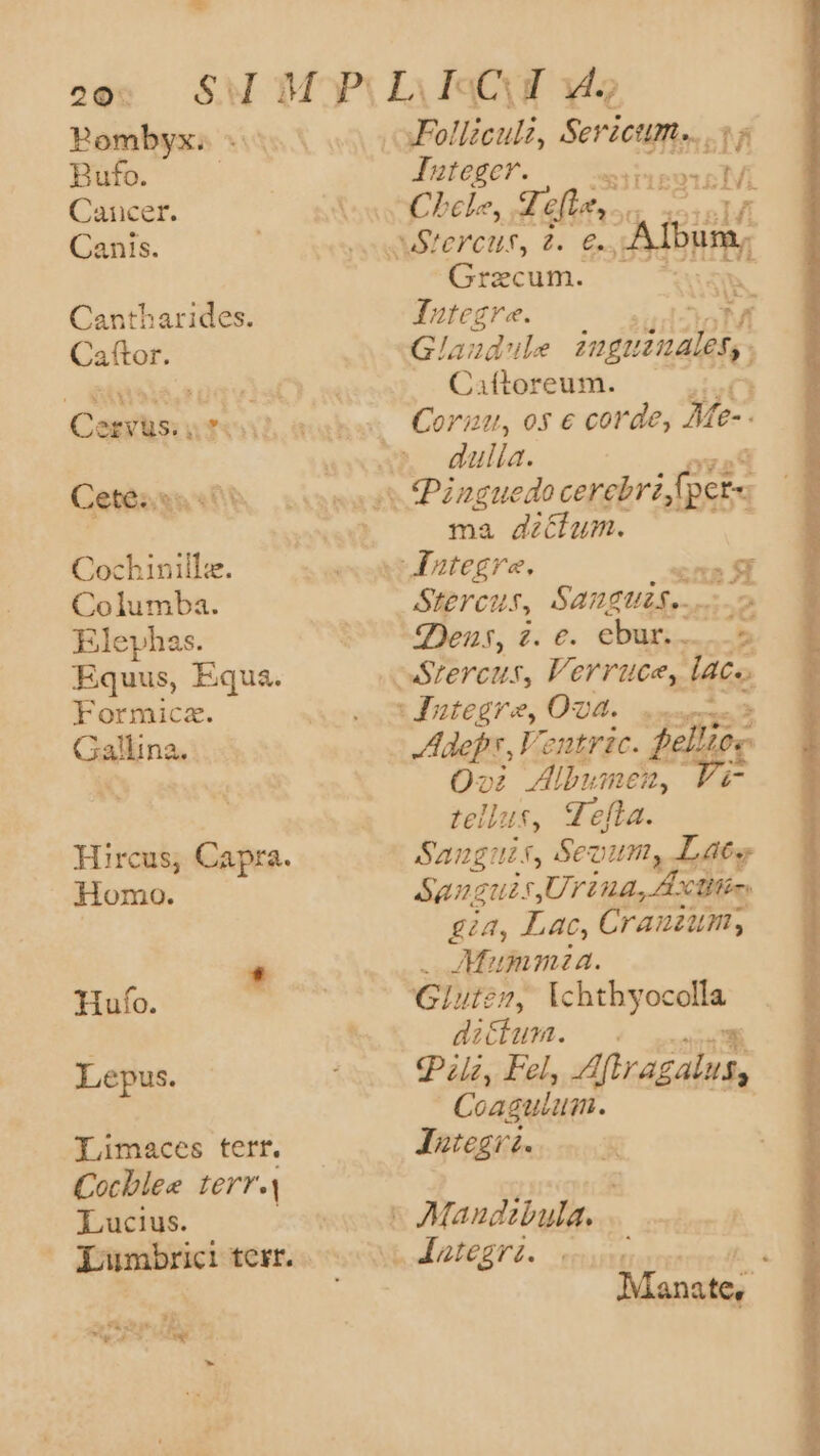 Pombyx..- Bufo. Caucer. Canis. Cantharides. Caftor. $55 YT Cochinillz. Columba. Elephas. Equus, Equa. Formica. Gallina. Hircus; Capra. Homo. Hufo. si Eius. Limaces tert. Cocblee terr. Lucius. - H arf Ik x No A d  ea? AOQERIE Y. C Eele, ;: dells sc E s : if Nercnt, £: 6. Afin. Graecum. TON Integre. L^ PUT Glaud'ule juguinales,. Caftoreum. Coria, o5 € corde, Me dulla. ma ditium. Stercus, Sanguzs.... 2 2Dens, 2. €. ebur... - Adefr,Ventrzc. fel si Albunez, ellus, Jella. ^ pu 773 6 Seoum, Lac. San gue. f Uriua, 4 Xen £ia, Lat, Crauuum, . Mummza. diclum. — 4 X. Paz, Fel, Aftragalus, Coagulum. Jategsz. - dRategrz. s M Manate,