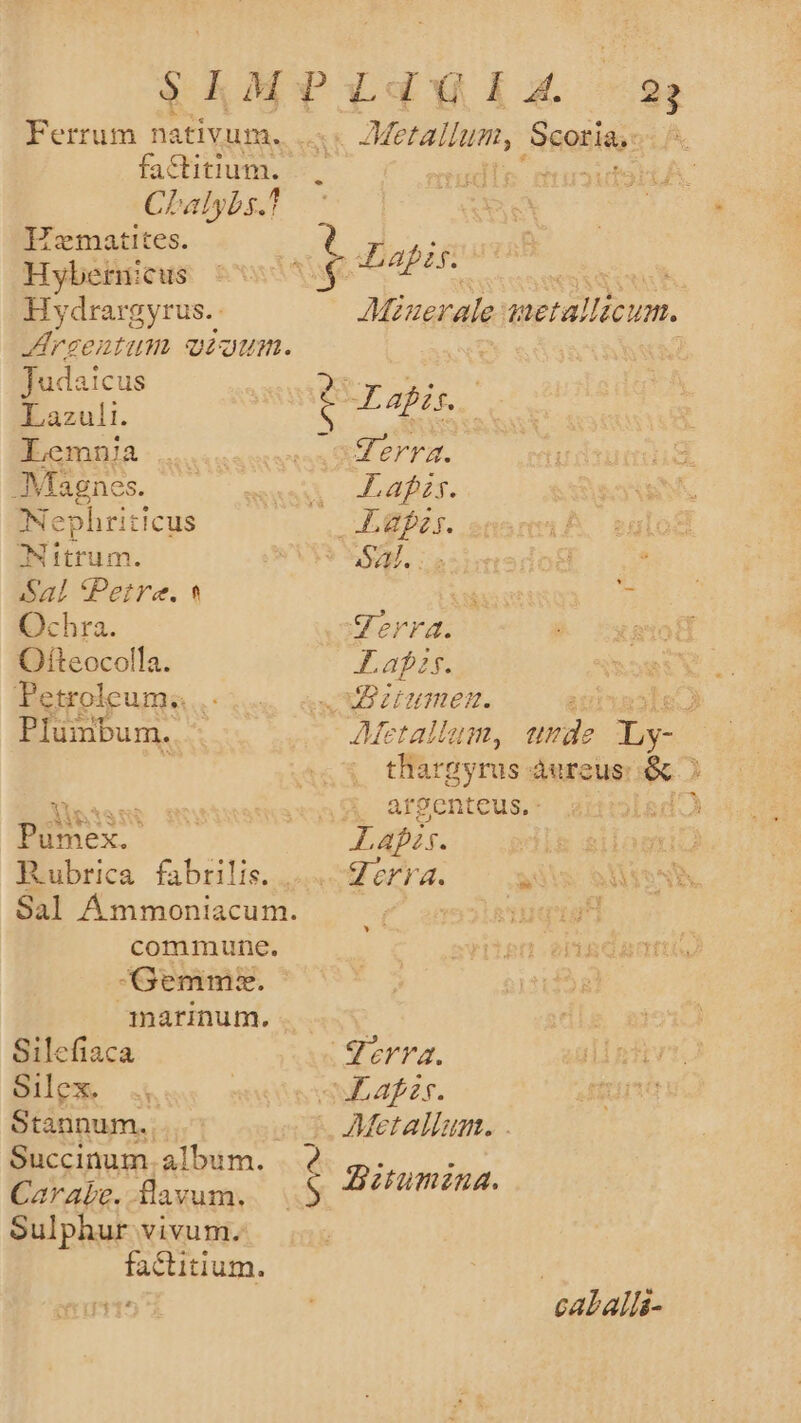 factitium. Chalybs.! Hematites. Hybernicus Hy drargyrus. Jreentum qoum. Judaicus Lazuli. Lemn/a Magnes. Nephriticus TIME um. Sal Petre. Ochra. Ofteocolla. Petroleum. Plumbum. Pumex. lubrica fabrilis. commune. Gemms. marinum. Silefiaca Silex. Stannum. Succinum. album. Carabe. avum. Sulphur vivum. factitium. v. Metallum, Scoria;: LI AMizerale inetallzcum. api. | erra. —— Jafiz3. EP. SM. : A erra. Laf:s. cx zuumemn. ve AMetallam, unde Ly- , thargyrus àureus: &amp; 2 3» argenteus.- [^ Lais. Horra. ^w v * | Jerra. oL afr. | calalls-