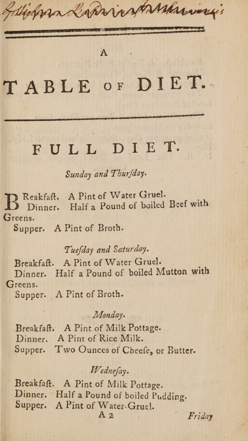 Ee Utd a Bo Sunday and Thurfday- Reakfaft. A Pint of Water Grvuel. Dinner. Half a Pound of boiled Beef with Greens. Supper. A Pint of Broth. Tuefday and Saturday. Breakfaft. A Pint of Water Gruel. Dinner. Half a Pound of boiled Mutton with Greens. ; Supper. A Pint of Broth. . Monday. Breakfaft. A Pint of Milk Pottage. Dinner. A Pint of Rice Milk. Supper. Two Ounces of Cheefe, or Butter. WV. ednefay. Breakfaft. A Pint of Milk Pottage. Dinner. ' Half a Pound of boiled Puddings. Supper. A Pint of Water-Gruel. é | A 2 Friday