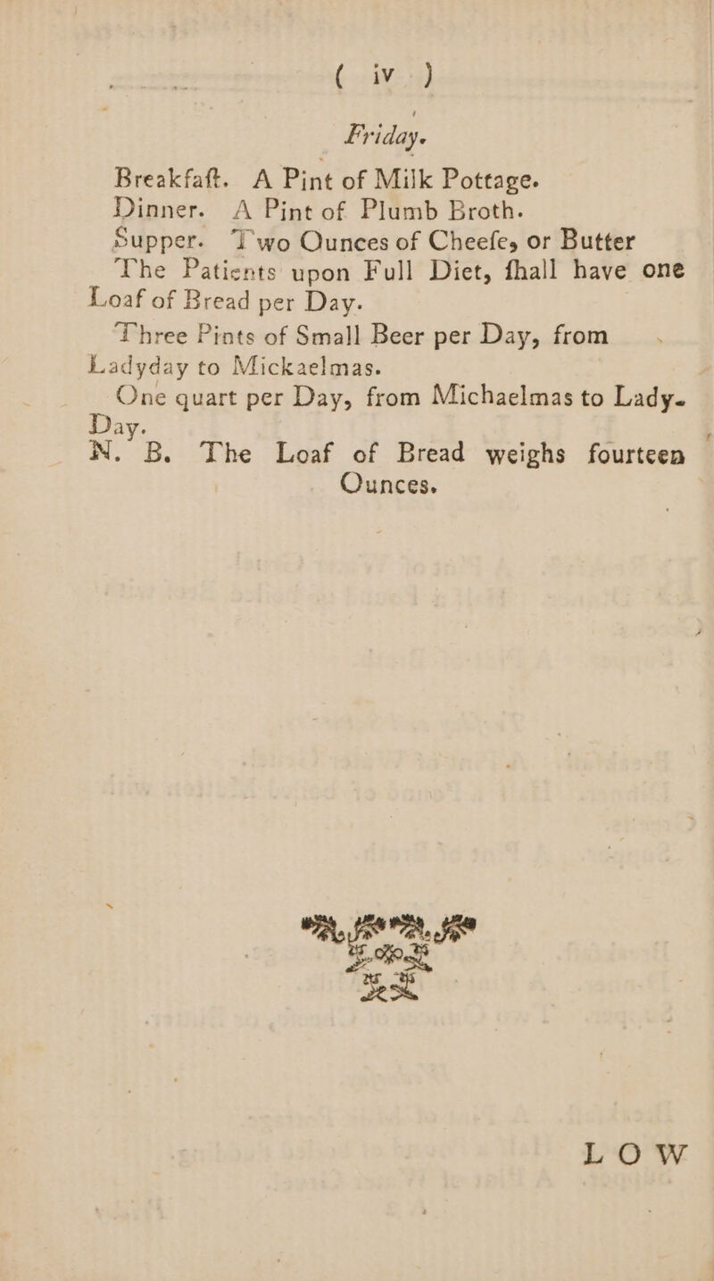 Friday. Breakfaft. A Pint of Milk Pottage. Dinner. A Pint of Plumb Broth. Supper. Two Ounces of Cheefes or Butter The Patients upon Full Diet, fhall have one Loaf of Bread per Day. Three Pints of Small Beer per Day, from Ladyday to Mickaelmas. _ One quart per Day, from Michaelmas to Lady. Day. ; N. B. The Loaf of Bread weighs fourteen Ounces. LOW