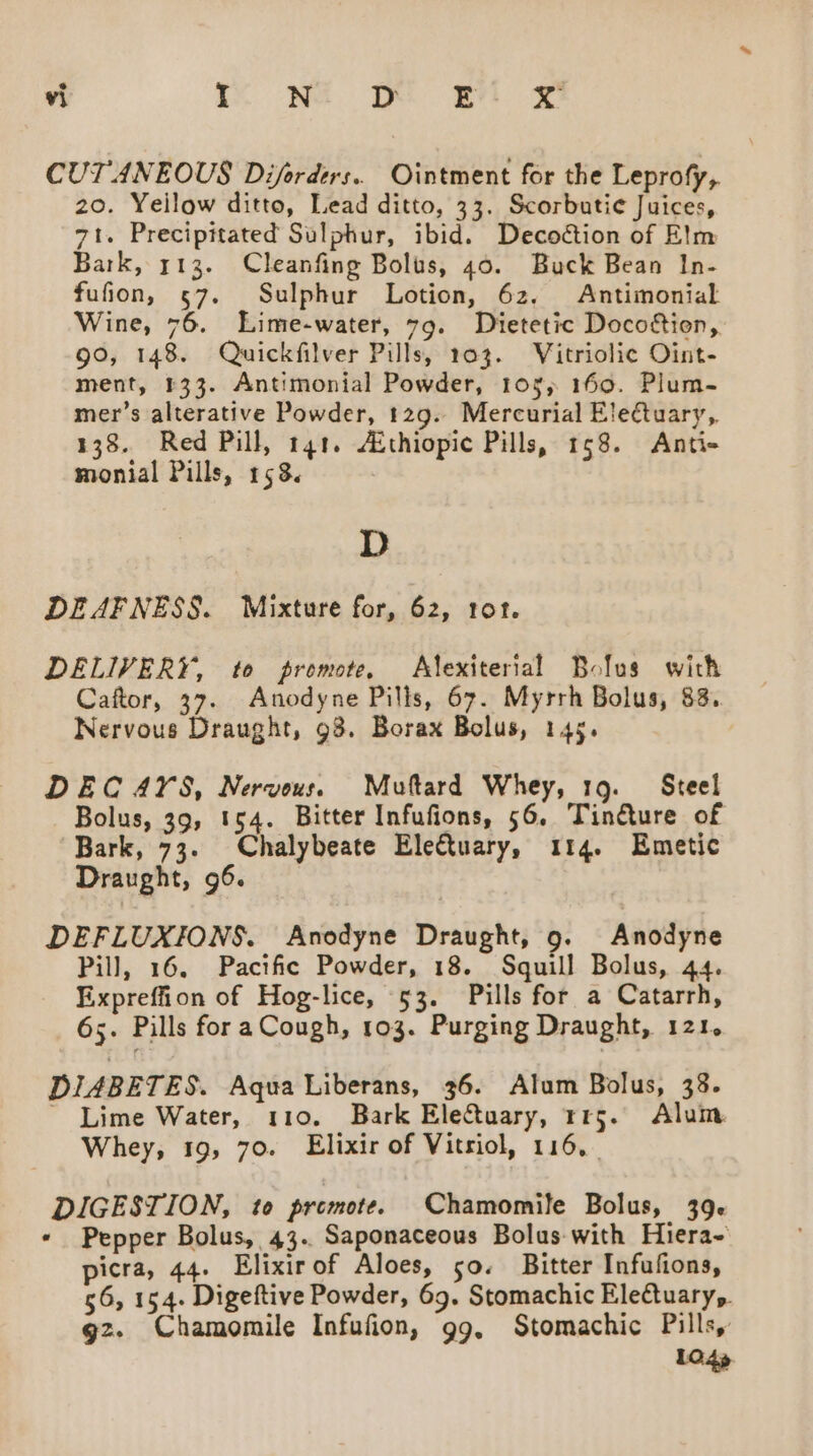 CUTANEOUS Diforders.. Ointment for the Leprofy, 20. Yeilow ditto, Lead ditto, 33. Scorbutie Juices, 71. Precipitated Sulphur, ibid. Decoéction of Elm Bark, 113. Cleanfing Bolus, 40. Buck Bean In- fufion, 57. Sulphur Lotion, 62. Antimonial Wine, 76. Lime-water, 79. Dietetic Docostion, 90, 148. Quickfilver Pills, 103. Vitriolie Oint- ment, 133. Antimonial Powder, 105, 160. Plum- mer’s alterative Powder, 129. Mercurial Eledctuary,. 138. Red Pill, tg1. Aithiopic Pills, 158. Anti- monial Pills, 158. D DEAFNESS. Mixture for, 62, tot. DELIVERY, to promote, Alexiterial Bolus with Caftor, 37. Anodyne Pills, 67. Myrrh Bolus, 88. Nervous Draught, 98. Borax Bolus, 145. DECAYS, Nervous. Multard Whey, 19. Steel Bolus, 39, 154. Bitter Infufions, 56. Tindture of Bark, 73. Chalybeate EleCtuary, 114. Emetic Draught, 96. DEFLUXIONS. Anodyne Draught, 9. Anodyne Pill, 16. Pacific Powder, 18. Squill Bolus, 44. Expreffion of Hog-lice, 53. Pills for a Catarrh, 65. Pills fora Cough, 103. Purging Draught, 121. DIABETES. Aqua Liberans, 36. Alum Bolus, 38. ' Lime Water, 110. Bark Eleftuary, rr5. Alum. Whey, 19, 70. Elixir of Vitriol, 116, . DIGESTION, to premote. Chamomile Bolus, 39- « Pepper Bolus, 43. Saponaceous Bolus with Hiera~ picra, 44. Elixirof Aloes, 50. Bitter Infufions, 56, 154. Digeftive Powder, 69. Stomachic Electuary,. gz. Chamomile Infufion, g9, Stomachic Pills, Lod