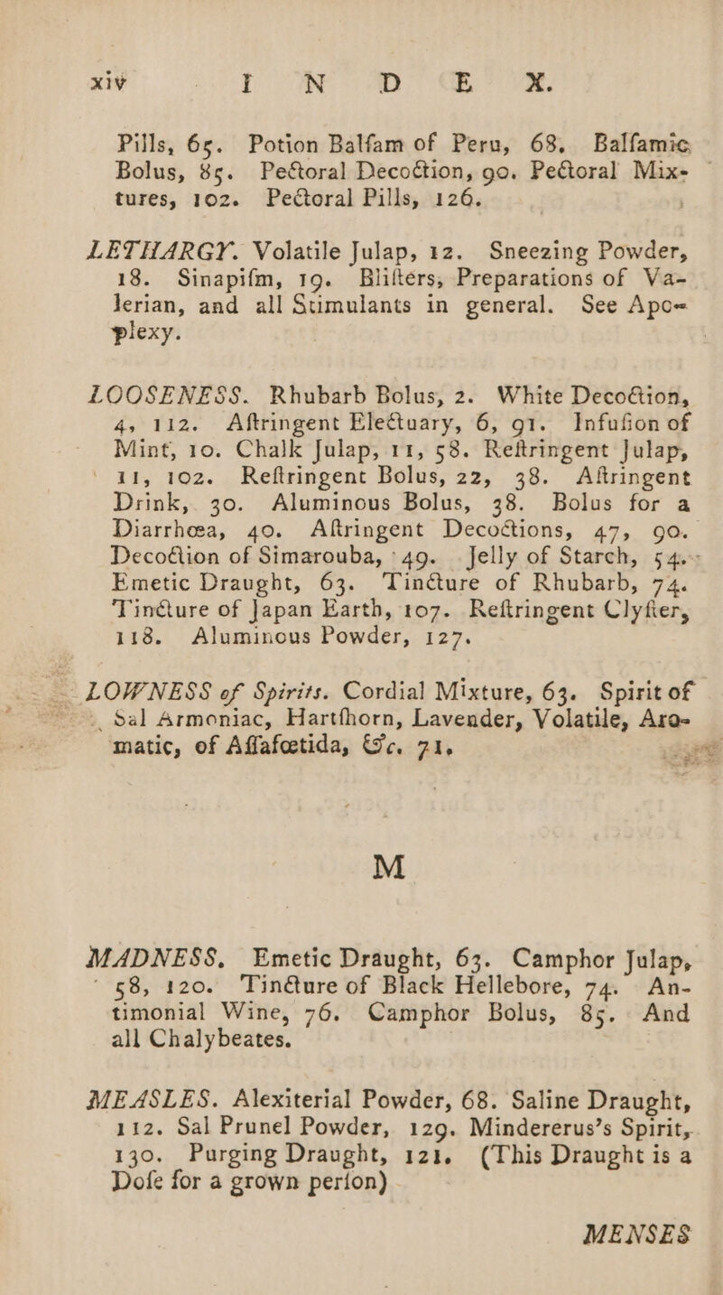 Pills, 65. Potion Balfam of Peru, 68, Balfamic tures, 102. Pectoral Pills, 126. LETHARGY. Volatile Julap, 12. Sneezing Powder, 18. Sinapifm, 19. Blifters, Preparations of Va- Jerian, and all Stimulants in general. See Apo« plexy. LOOSENESS. Rhubarb Bolus, 2. White Deco&amp;ion, 4, 112. Aftringent Electuary, 6, 91. Infufion of Mint, 10. Chalk Julap, 11, 58. Reftringent Julap, ' a1, 102. Reftringent Bolus, 22, 38. Altringent Drink, 30. Aluminous Bolus, 38. Bolus for a Emetic Draught, 63. Tin@ure of Rhubarb, 74. Tindture of Japan Earth, 107. Reftringent Clyfier, 118. Aluminous Powder, 127. _ LOWNESS of Spirits. Cordial Mixture, 63. Spirit of ., Sal Armoniac, Hartfhorn, Lavender, Volatile, Ara- matic, of Affafetida, Ge. 71, M MADNESS, Emetic Draught, 63. Camphor Julap, 58, 120. ‘Tinéture of Black Hellebore, 74. An- timonial Wine, 76. Camphor Bolus, 85. And all Chalybeates. MEASLES. Alexiterial Powder, 68. Saline Draught, 112. Sal Prunel Powder, 129. Mindererus’s Spirit, 130, Purging Draught, 121, (This Draught is a Dofe for a grown perion) MENSES