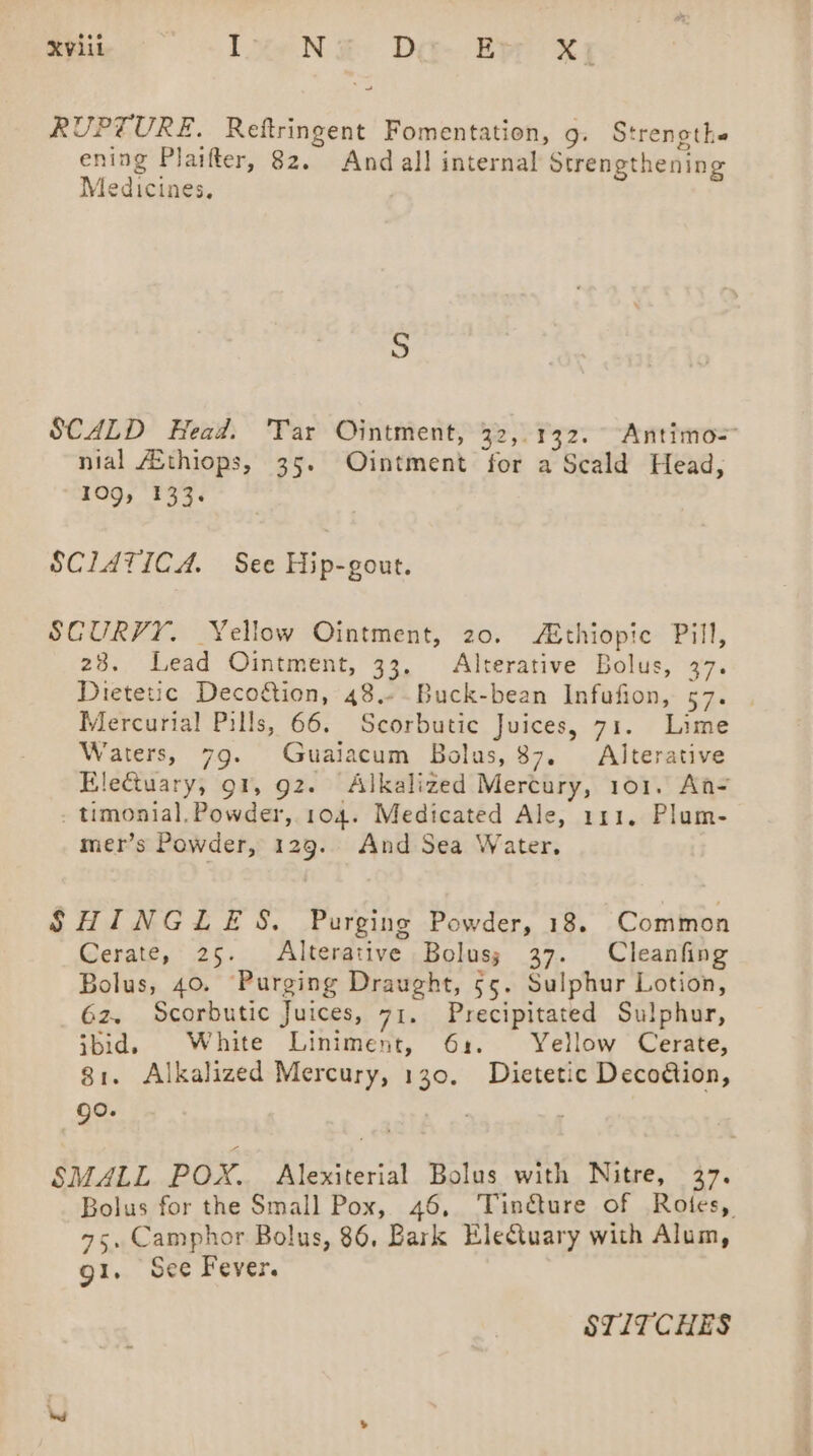 4 RUPTURE. Reftringent Fomentation, 9. Strengthe ening Plaifter, 8z. And all internal Strengthening Medicines, S SCALD Head. Tar Ointment, 32,.132. Antimo=” nial ithiops, 35. Ointment for a Scald Head, 109, 133. SCLATICA. See Hip-gout. SCURVY, Yellow Ointment, 20. Ethiopic Pill, 28. Lead Ointment, 33, Alterative Bolus, 37. Dietetic Decoftion, 48.--Buck-bean Infufion, 57. Mercurial Pills, 66. Scorbutic Juices, 71. Lime Waters, 79. Guaiacum Bolas, 87. Alterative Hlectuary, 91, 92. Alkalized Mercury, 101. An- . timonial, Powder, 104. Medicated Ale, 111. Plum- mer’s Powder, 129. And Sea Water. SHINGLES. Purging Powder, 18. Common Cerate, 25. Alterative Boluss 37. Cleanfing Bolus, 40. Purging Draught, 55. Sulphur Lotion, 62. Scorbutic Juices, 71, Precipitated Sulphur, ibid. White Liniment, 61. Yellow Cerate, 81. Alkalized Mercury, 130, Dietetic Decodion, 90. SMALL POX. Alexiterial Bolus with Nitre, 37. Bolus for the Small Pox, 46, Tinture of Roles, 75. Camphor Bolus, 86. Bark Electuary with Alum, gi. See Fever. STITCHES