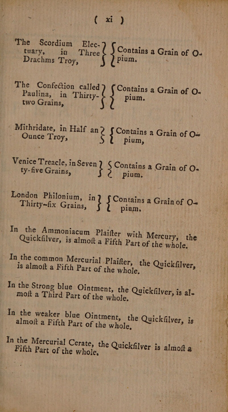 ; | ( xi ) Contains a Grain of Oz pium, ? tuary, in Three The Scordium Elec- } Drachms Troy, Paulina, in Thirty- pium, two Grains, Mithridate, in Half an i Contains a Grain of Ow Ounce Troy, pium, Venice Treacle, in Seven ; Contains a Grain of O« ty-five Grains, f pium, London Philonium, in Contains a Grain of Ow Thirty~fix Grains, piam, In the Ammoniacum Plaifter with Mercury, the Quickfilver, is almoft a Fifth Part of the whole. In the common Mercurial Plaifter, the Quickfilver, is almoft a Fifth Part of the whole, Th the Strong blue Ointment, the Quickfilver, is al. moft a Third Part of the whole. In the weaker blue Ointment, the Quickfilver, is almoft a Fifth Part of the whole, In the Mercurial Cerate, the Quickfilver is almoft a Fifth Part of the whole, .