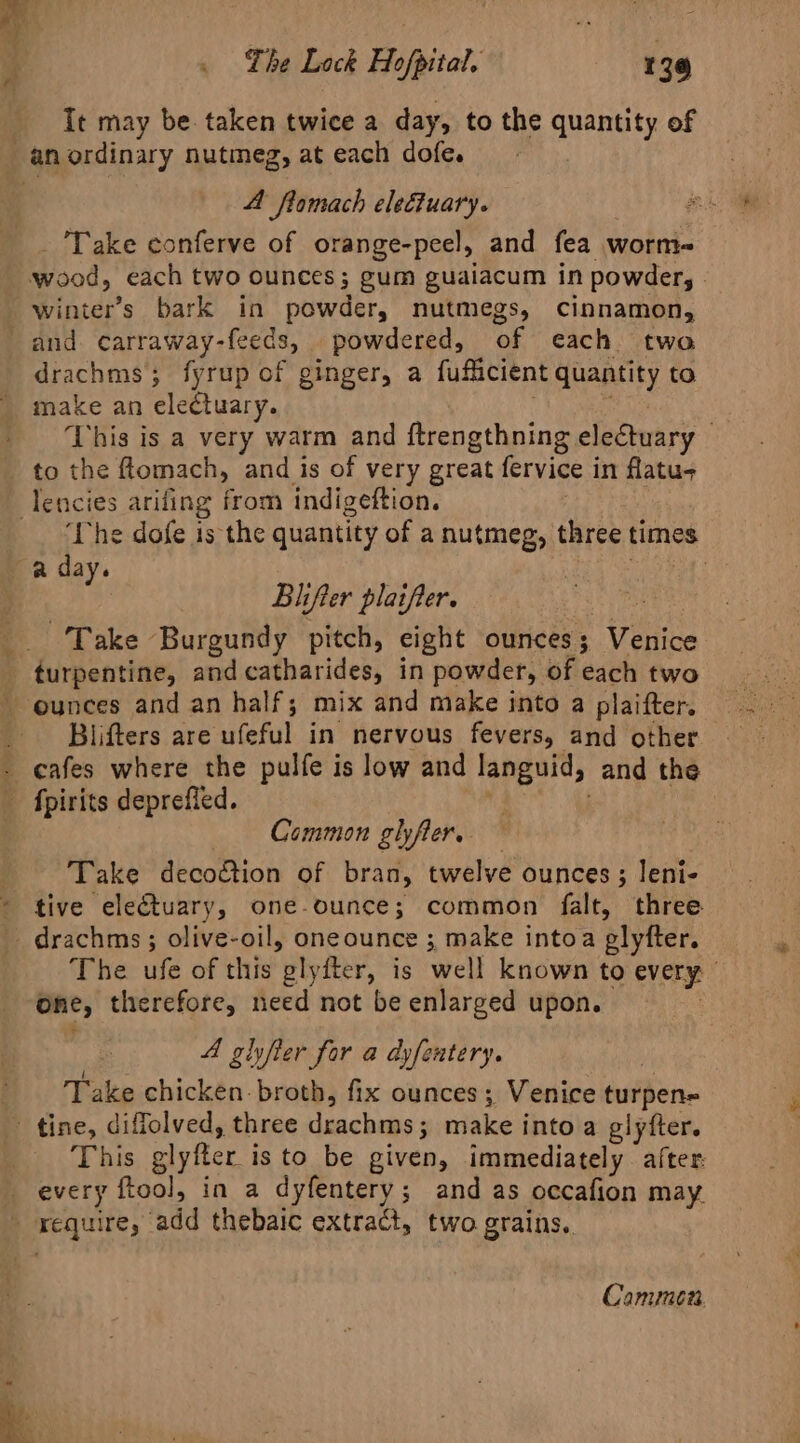 ~~ The Lock Hofpital, 139 It may be taken twice a day, to the quantity of A flomach electuary. - Take conferve of orange-peel, and fea worm wood, each two ounces; gum guaiacum in powder, . winter's bark in powder, nutmegs, cinnamon, drachms; fyrup of ginger, a fufficient quantity to make an electuary. a This is a very warm and ftrengthning electuary — to the ftomach, and is of very great fervice in flatus The dofe is the quantity of a nutmeg, three times Blifter plaifier. Blifters are ufeful in nervous fevers, and other Common gyfer. Take decoction of bran, twelve ounces; leni- tive electuary, one-ounce; common falt, three The ufe of this glyfter, is well known to every one, therefore, need not be enlarged upon. A glyfier for a dyfentery. i Take chicken broth, fix ounces; Venice turpen- This glyfter isto be given, immediately after: every ftool, in a dyfentery; and as occafion may Cammen.