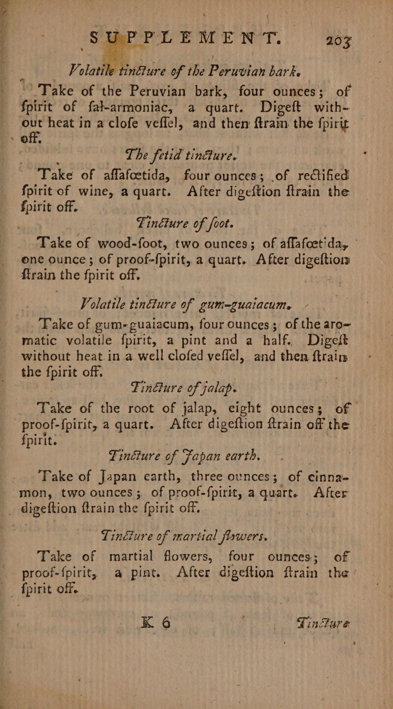 Se an one ee ne EMEN T. 103 Volatile tinfture of the Pei bark. Take of the Peruvian bark, four ounces; of folic of fal-armoniac, a quart. Digeft with- out heat in a clofe veffel, and then ftrain the fpirig The fetid tin@ure. Poke of affafcetida, four ounces; .of rectified fpirit of wine, a quart. After digeftion {train the Tincture of foot. one ounce; of proof-fpirit, a quart. After digeftiom i the foirit off, Volatile tinture of gum-guaiacum. Take of gum-guaiacum, four ounces; of the aro- matic volatile fpirit, a pint and a half. Digeft without heat in a well clofed veffel, and then ftraim the fpirit off, : | Tindture of jalap. proof-{pirit, a quart. After digeftion ftrain off the fpirit. Tincture of Fapan earth, Take of Japan earth, three ounces; of cinna- mon, two ounces; of proof-fpirit, a quart. After Tinéture of martial flowers. Take of martial flowers, four ounces; of proof-fpirit, a pint. After digeftion ftrain the K 6 ( . DTindlare ‘