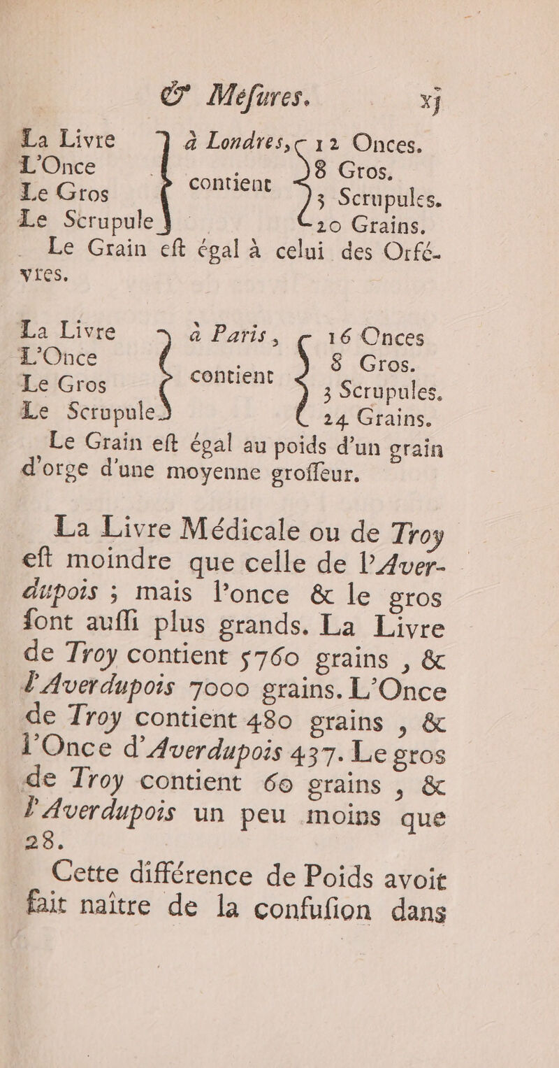 La Livre a Londres,c 12 Onces. L'Once ; Gros. ‘> contien Le Gros 573 Scrupules. Le Scrupule 20 Grains. Le Grain eft égal à celui des Orfé- vres. La Livre à Paris, 16 Onces L'Once : 8 Gros. Gris contient 3 Scrupules. Le Scrupule 24 Grains. Le Grain eft égal au poids d'un grain d'orge d'une moyenne groffeur. La Livre Médicale ou de Troy eft moindre que celle de l’Aver- dpois ; mais l’once &amp; le gros font aufli plus grands. La Livre de Troy contient s760 grains , &amp; d'Averdupois 7000 grains. L'Once de Troy contient 480 grains , &amp; l’Once d’'Averdupois 437. Le gros de Troy contient 60 grains , &amp; PAverdupois un peu moins que 23. Cette différence de Poids avoit fait naître de la confufion dans