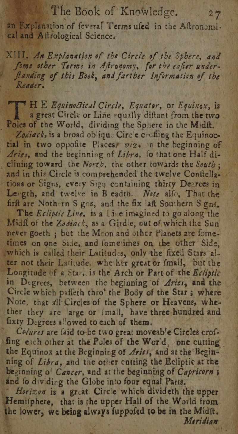 . he Book ‘oF KnaWl ledoe. 2 tion ‘of feveral Terms uled ia the Afronomi- Explanation of bi Circle of the Sphere, and re ry “yg in oli onomy, for the caf Ger chides THE Eguinoical Circle, Equator, or Equinox, is | the World, dividing the Sphere in the Midft. diach, isa broad obli lique Circ’e crofling the Equinoc. n two quel Places vize in the ne of. cet and wale’ in B apt ah, ‘alle, That sy Ht are Nothern S ges, and the fix lait Sou: hern S gné. “The Ecliptic Line, 18a Live imagined to go along the of the Zodiact, asa Girdie, cut of which the Sun er Goeth ; but the Mcon and other Planets are fome- eS on one Side, and fomevimes on the other Side, which is called their Latitud-s, only the fixed Stars al- r not their Latinde, wheiher great or (mall, but the “Longitude of a Star, is the Arch or Part of the Ecliptic in Degrees, between the beginning of Aries, and the — Circle which paffeth thro’ the Body of the Star; where Noite, that sll Circles of the Sphere or Heavens, whe- — ther they are ‘arge or {mail, have three. hundred and fixty Degrees a!'owed to each of theta’ _ Cofures are {aid to-be two great moveable Circles trot: )fing exch other at the Poles of the Wor'd, one cutting — the Equinox at the Beginning of Aries, and at the’ Begin- ning of Lidra, and the other cutting the Ecliptic at ‘the bezinning of Cancer, and at the beginning of Capricorn ; tind fo div: ding the Globe into four equal Parts, — Horizon is a grvat. Circle which divideth the upper emifphere, that is the upper Hall of the World from 2 enue we belbg ated inppele to be in the Midft, | Meridian ae y - 7 ‘fas a * SA ii eee Se > Gogh, Se wo nena in ie, ou a fs <a - wi .