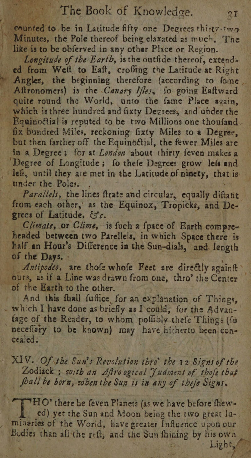 aunted to be in Latitude fifty one Degrees thirty-two : Minutes, the Pole thereof being elaxated as much, The like is to be obferved in any other Place or Region. i Longitude of the Earth, isthe outfide thereof, extend- — _ ed from Weft to Eaft, crofling the Latitude at Right — Angles, the beginning therefore (according to fome _ _ Aftronomers) is the -Canary I/fes, So going Eaftward quite round the World, unto the fame Place sgain, which is three hundred and fixty Degrees, and ander the Eguinodtial is reputed to be twe Millions one thoufand- — _ fix hundred Miles, reckoning fixty Miles to a Degree, but then farther off the Equinoétial, the fewer Miles are in a Degree; for at London about thirty feven makes a ‘Degree of Longitude; fo thefe Degrees grow lefs and _ defs, until they are met in the Latitude of ninety, that is — under the Poles. ly igen 2 oe Parallels, the lines ftrate and circular, equally diftant — from each other,’ as the Equinox, Tropicks, and De- grees of Latitude, &amp;’c. | a’ __ Climate, or Clime, is fuch a {pace of Earth compre- - headed between two Parellels, in which Space there is half an Hour’s Difference in the Sun-dials, and. length of the Days. - ; ‘ __ Antipedes, are thofe whofe Feet sre dire€tly againt &gt; ours, as if a Line was drawn from one, thro’ the Center. of the Earth to the other. \. And this fhall fuffice for an explanation of Things, - which I have done as briefly as I'coald, for the Advan-. tage of the Reader, to whom poflibly.thefe Things (fo “neceflary to be known) may have hitherto beenicon- ceaied. ne ae tee XIV. Of te Sun's Revolution thro the 12 Signs of the Lodiack ; with an Afroogical Fudiment of thofe that _ foal be bora, when the Sun is in any of thefe Signs, ] FIO’ there be feven Planets (as we have before fhew- ed) yet the Sun and Moon being the two great lu- _ Mineries of the Worid, have greater Influence upon our Bodies than alithe reft; and the Sun fhining by his rh J ‘ t ; Lig Ame &gt;