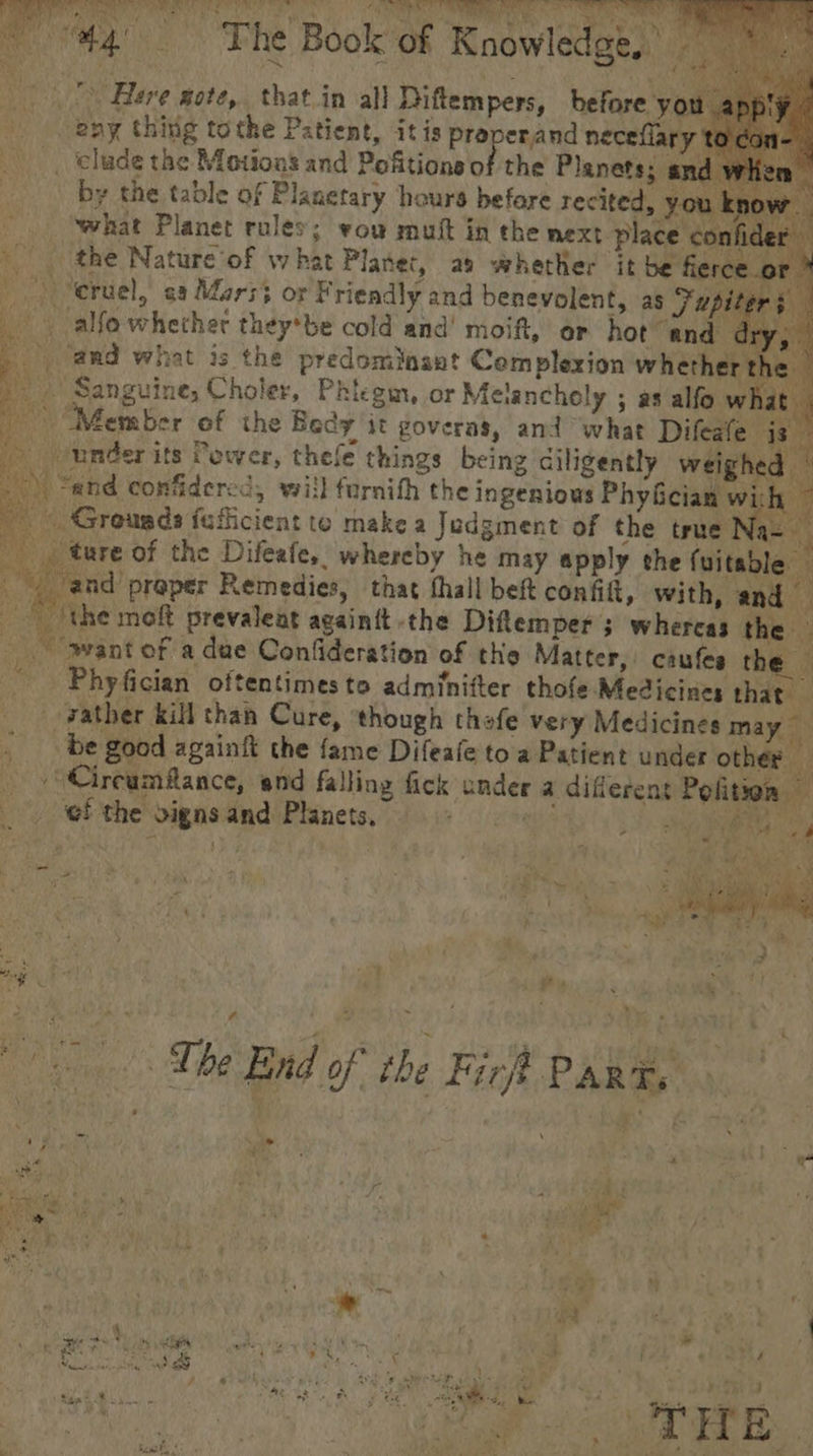 iy ON ye ead The Book of Knowledge, Here wote, that in al} Diftempers, before you _eny thing tothe Patient, itis preperand neceflar _. ‘elude the Motions and Pofitions of the Planets; | by the table of Planetary hours befare recited, what Planet rules; vou mutt in the next place cor the Nature of what Planet, ab whether it be fier under its Power, thefe things being diligently weighed — t and confidercd, wiil furnith the ingenious PhyGcian with ~ and preper Remedies, that fhall beft confit, with, and “want of a due Confideration of the Matter, caufes the | Phyfician oftentimes to admfnitter thofe Medicines that — gather kill than Cure, ‘though thefe very Medicines may be good againft the fame Difeale to a Patient under other Cireumflance, and falling fick under a diferent Polition — gine eee CON ey -_ “ 7 J gee ‘ a “0 , 4 ( Pie, * { ( } : ‘ t ( 4 c ay it Py . / . ‘ . a ‘ o ~ f - ita , 6 ‘a Parr i} Fy : 7) 73 4 . # Pp a ee the Eind of the Firjt Part, bi —) ’ ' , — - ks ¥ - . 2 \ sper . ~ 4 =r Had Nas a * iy , 1 x we “a ' ja i oe “ih ! . ay bogey 4 Teal a ae. ge Ws) ona ew te ws 5 p ‘ rh * Ae 2 t ae