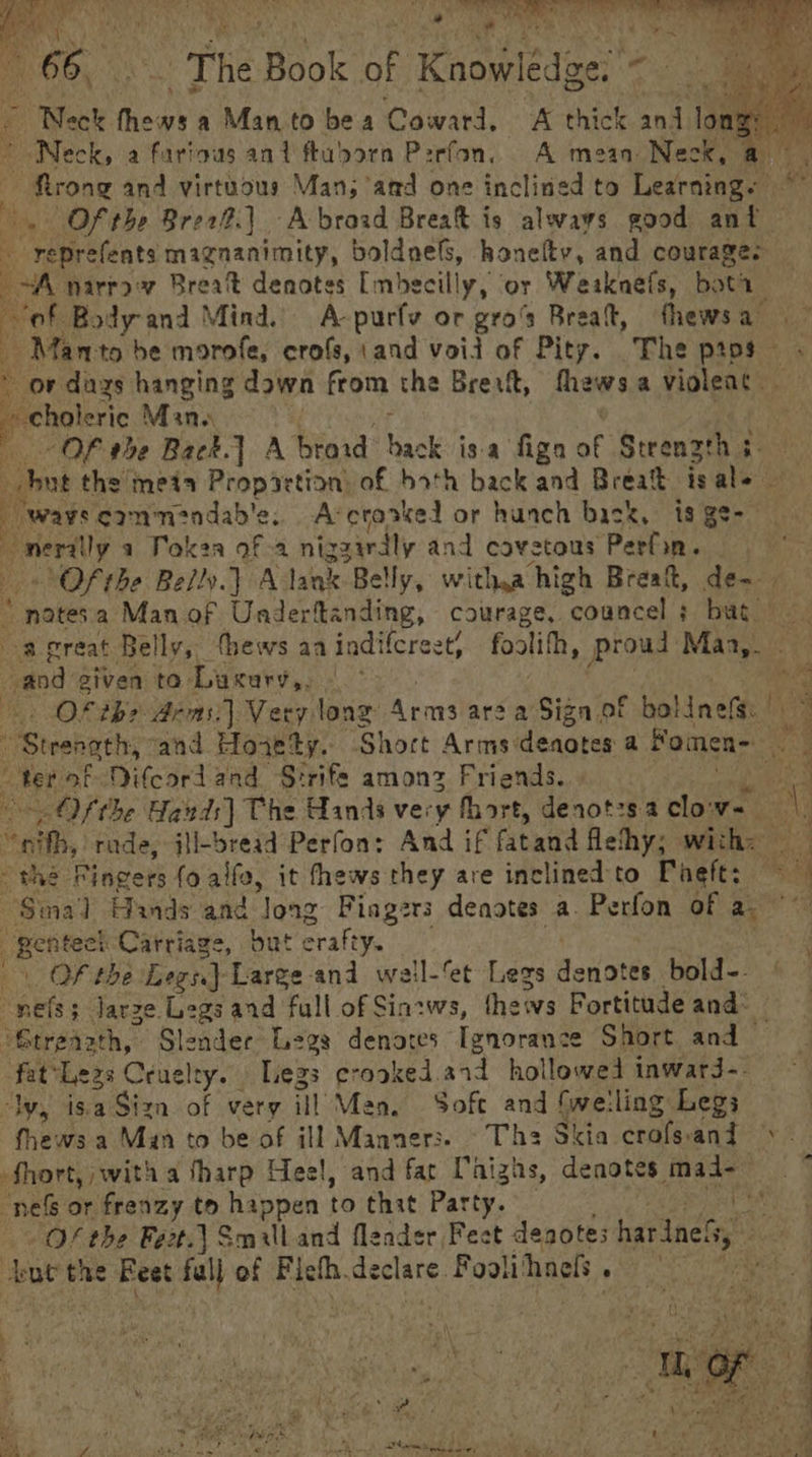 - Neck fhews a Manto bea Coward, A thick and long; Neck, a farious an? ftudora Perfon, A mean Neck, 5 ‘ie flrong and virtuous Man; ‘ated one inclined to Learning. Of the Break.) A braad Breat is alwaws good ant : ge bade magnanimity, boldnels, honelty, and seuleee SA narrow Breat denotes [mbecilly, or Weaknefs, bota of Bodyand Mind. A-purfy or gros Breat, thews a’ i Manto be morofe, crofs, (and void of Pity. The ptps - ~ ov days hanging down from the Breaft, fhewsa violent sgnees Man. Of tbe Back.] A braid back isa figa of Strength 3 hut the meta Propsetion: of both back and Breat ts ale! a ways commnendab'e, A‘crasked or hunch back, is ge- —meriily a Tokea of a nigairdly and covetous Dabhienr «Of the Belly.) Atank Belly, witha high Brea, aa : notesa Man of Underitanding, courage, councel ; bat. agreat Belly, (hews aa indifcrest, foolifh, proud Maasirs and given ta Lukury,, A Of tb? Arms:] Very long ee area Sign of bolinefs: |. “Strength, and Hove ty. Short Arms*denotes a Fomen-— x eit of Difcord and Strife among Friends. » es Of the Hands] The Hands very fhort, deaot:s a clo: ee ‘ “nih, rude, ill-bread Perfon: And if | flethy; with: | “the Fingers fo allo, it fhews they are inclined to Faeft: ~ 4 Sina] Hands and Jong Fingers denotes a. Perfon of a, : pete Carriage, but crafty. Of the Legs.) Large-and weil-‘et Legs denotes bold-- : ee ; larze Legs and full of Sin-ws, the ws Fortitude and: ‘Gtreagth, Slender Legs denotes Ignorance Short and fat Legs Cruelty. | Legs crooked.aid hollowed inwarj-: VW, isa Sizn. of very il Ve Soft and fweiling Legs fhews a Man to be of ill Manner. The Skia crofsand »- fhort, with a fharp Heel, and far Caizhs, denotes mad- —* “nels or frenzy to happen to thit Party. Bo. Of the Fext.\ Smul and fleader Feet deaotes hardnely but the Feet fall of Picth. declare. Foolihaels . be