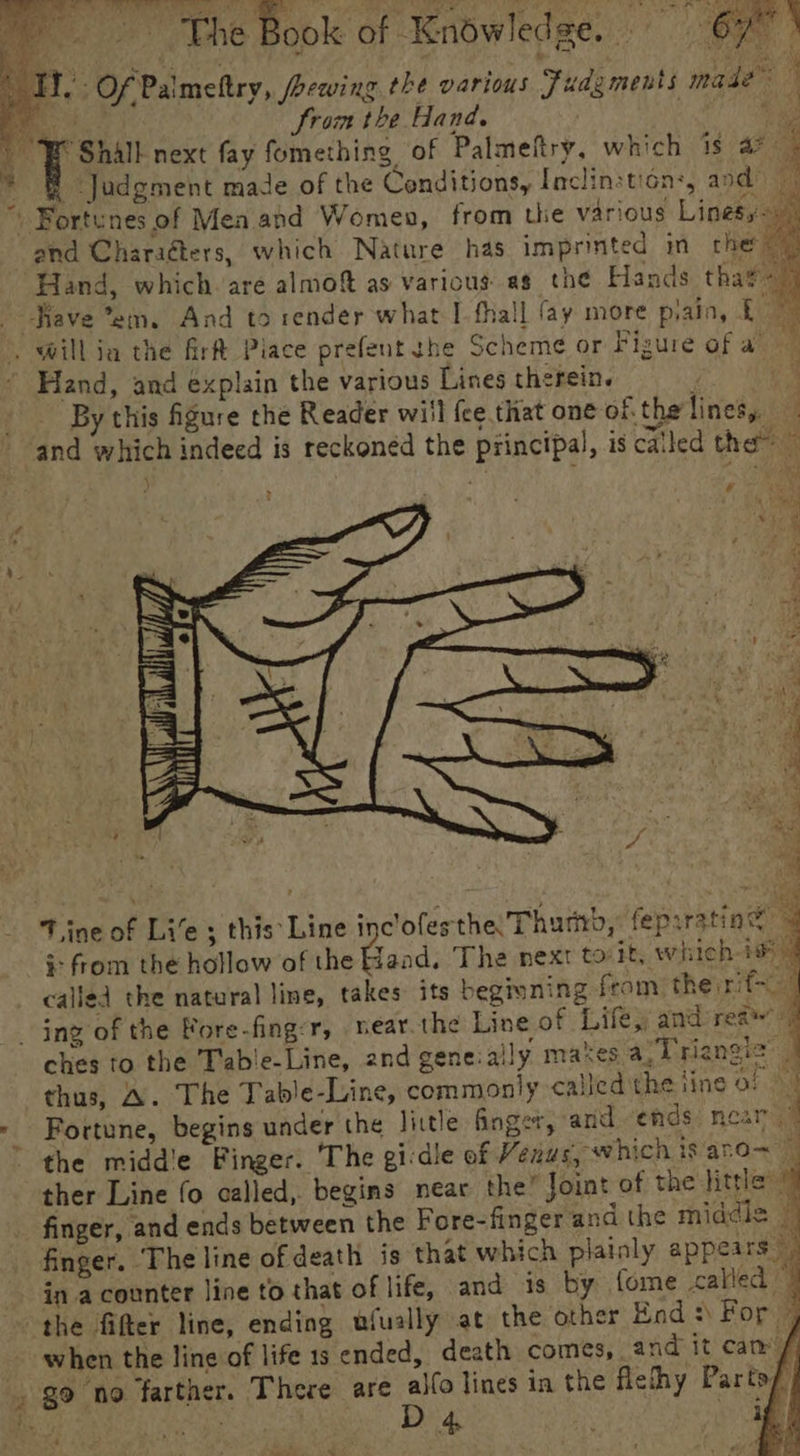 Tf. Of Palmeftry, brewing the various Fuag ments made ‘ae Srom the Hand. Pele. “ “FF Shall next fay fomething of Palmeftry, which is 4° a * &amp; Judgment made of the Conditions, Inclinsticn:, and | | Fortunes of Mea and Women, from the various Linesy Hand, which. are almof as Various ag the Hands that - fiave em. And to render what I fhall fay more pain, Lone | will ia the firft Place prefent she Scheme or Figure of a a Hand, and explain the various Lines therein. ce, By this figure the Reader wiil {ce that one of. the lines,. “ and which indeed is reckonéd the principal, is catled the ~ end Charadters, which Nature has imprinted in the ~ ) z ge j ‘ cM ' hie Ad if * &amp; : ¢ ; ye \ , A A t/ fi we . 4 f ' aed oc «¥ r ‘ r &gt; oA ’ Se Nn my: oa SS oe See gf ‘fe : Tine of Li’e ; this Line 1 clofesthe Thur, feprratin® 4 i: from the hollow of the Band. The next torit, which-is}” called the nateral line, takes its begiuning from theif | ing of the Fore-fing-r, near.the Line of Lifey andrea’ ches to the Table-Line, 2nd geneially makes a, Triangiz | “a A 4 i thas, A. The Table-Line, commonly called the tine OF | - Fortune, begins under the little finger; and ~ends: near ~ the midd'e Finger: The gi-dle of Venus, which is aro~ ther Line fo called, begins near the” Joint of the little’ finger, and ends between the Fore-finger and the middle © finger. The line of death is that which plainly appears in a counter line to that of life, and is by fome called the fifter line, ending ufually at the other End 3) For | - when the line of life 1s ended, death comes, and it cam, . go no farther. There are ey lines in the flethy Parts, as ca 4 ee ‘ ee