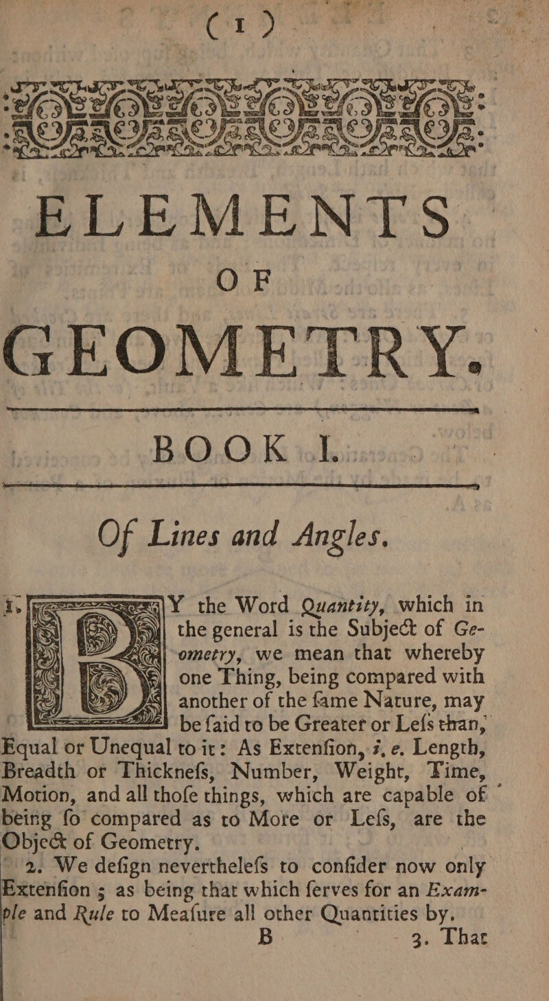 DRT LAAT Ors Oe OLes Bip ME NTS GEOMETRY. BOOK. .L. Of Lines and minor bathe: of the fame Nevive, may ss be faid ro be Greater or Lefs than, Equal or Unequal toit: As Extenfion, #, e, Length, Breadth or Thicknefs, Number, Weight, Time, Motion, and all thofe things, which are capable of © being fo compared as to More or Lefs, are the Obje&amp; of Geometry. - 2. We defign neverthelefs to confider now only Extenfion ; as being rhar which ferves for an Exam- ple and Rule to Meafure all other Quantities by. | | B Jone Se Bae