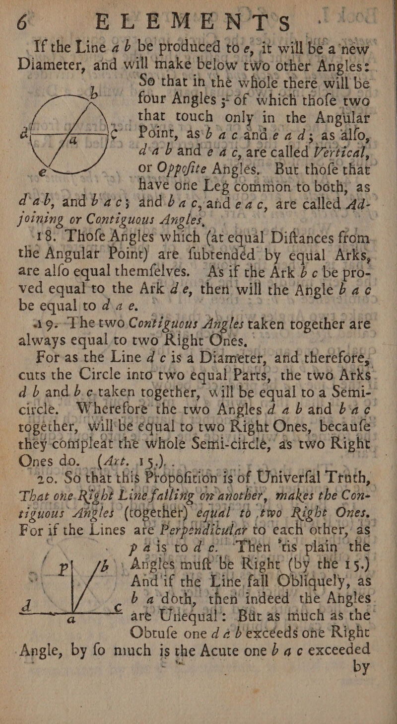 Tf the Line 4} be produced toe, it will be anew Diameter, and will make below two other Angles: . ; So that in the whole there, will be four Angles ;* of which thofe two _that touch only in the Angular Point, asbacandead; as alfo, “dab and ea c, are called Vertical, . or Oppofite Angles. But thofe rhat™ : have one Leg common to both, as_ d'ab, andb ac; aidbac,andeac, are called Ad- joining or Contiguous Angles, ae SB i ng “18. Thofe Angles which (at equal Diftances from the Angular Point) are. fubtendéd by equal Arks, are alfo equal themfelves. A's if the Ark 4 c be pro- ved equal-to the Ark de, then will the Angle} ac be eq ualionae Vs eet a9--The two Contiguous Angles taken together are always equal to wo Ribht Ones, | For as the Line dc is a Diametet, atid therefore, cuts the Circle into two equal Parts, the two Arks. d b and b.¢.taken together, will be equal to a Semi- circle. Whetefore’ the rwo Angles d 4 b and bac together, willbe equal to two Right Ones, becaufe _ they coftipleat the whole Semi-citclé;’ as two Right. Ones do. (Axe. I ). Bg Geena a. ; a 20, So that this Bi digheunriat Univerfal Truth, That one. Right Line falling on another, makes the Con- _ tiguous Angles (together) equal to two Right Ones. For if the Lines are Perpendicular to each other,’ as ' . pais tod e. “Then ‘tis plain the 4, Angles muft’ Be Right’ (by the i5.) ~ “And'if the Line fall Obliquely, as ~ &gt; 4 doth, then indeed the Angles. are Unequal’: Btic as tnuch as the’ Obtufe one d 4 bexcéeds one Right Angle, by fo much is the Acute one b ac sae * ~~ le y