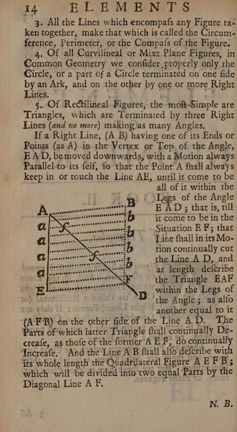 3. All the Lines which encompafs any Figure taz ken together, make that which is called the Circum- ference, Perimeter, or the Compals of the Figure. 4. Of all Curvilineal or Mixt Plane Figures, in Common Geometry we confider properly only the Circle, or a part of a Circle rerminated on one fide by an Ark, and on the other by one or more Right Lines. | Fs tale oO See 5. Of Rectilineal. Figures, the moft-Simple are Triangles, which are Terminated by three Right Lines (and no more) making Jas many Angles, Ifa Right Line, (A B) having one of its Ends or Points (as A) in the Vertex or Top. of the Angle, EAD, bemoved downwards, with a Motion always Parallel-to its felf, fo thatthe Point A fhall always keep in or touch the Line AE, until ic come to be ii all of ic within the | t) { SIjegs of the Angle saves, af D ; that is, till it come to be in the Fore asnseonni iy. - Situation E F; that F 2 yntensanens i Line fhall in its Mo- : tion continually cut we Nei. the Line AD, and ia, | Weems Nei ar length deferibe 1D PADS sacainaseenenttesrs OOS the Triangle EAF  Np within the Legs of 7 | / ““* ‘the Angle; as alfo TER OMT 1h Pay ae ee another equal to it (AFB) -6n the other’ fide of the Lin¢ AD. “The ‘Parts of which latter Triangle thall continually De- creafe, as thofe of the former A EF} do continually Yncreafe. And the ‘Line A B fhall alfo defcribe with its whole length the Quadriateral Figure A E PDs which will be divided into two equal ‘Parts by the Diagonal Line A F. | a ‘ oar sngnsannenanmesen sehen? ea N. B.