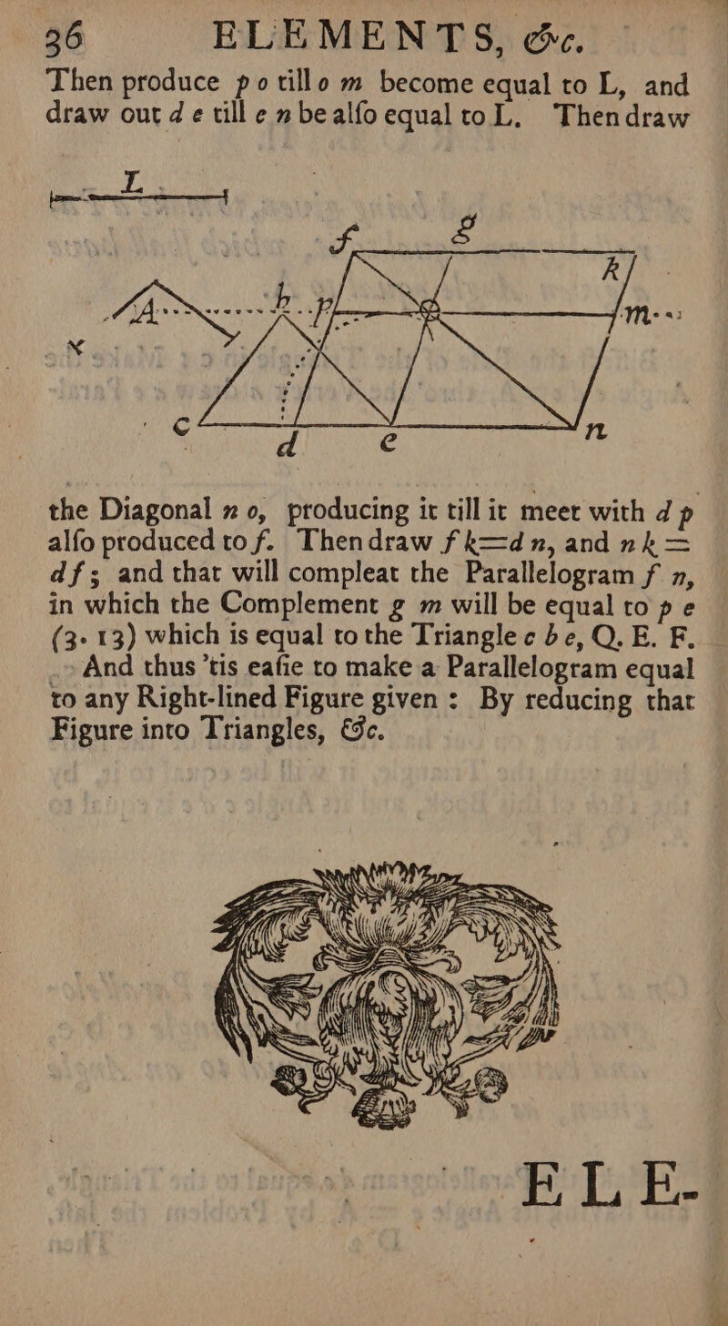 Then produce po tillo m become equal to L, and draw outdetille nbealfoequaltoL. Thendraw the Diagonal » 0, producing it till it meet with d p alfo producedtof. Thendraw fk=dn, and nk = df; and that will compleat the Parallelogram f 7, in which the Complement g m will be equal to p e (3-13) which is equal to the Triangle c be, Q.E. F. .» And thus ’tis eafie to make a Parallelogram equal to any Right-lined Figure given : By reducing that Figure into Triangles, &amp;c.
