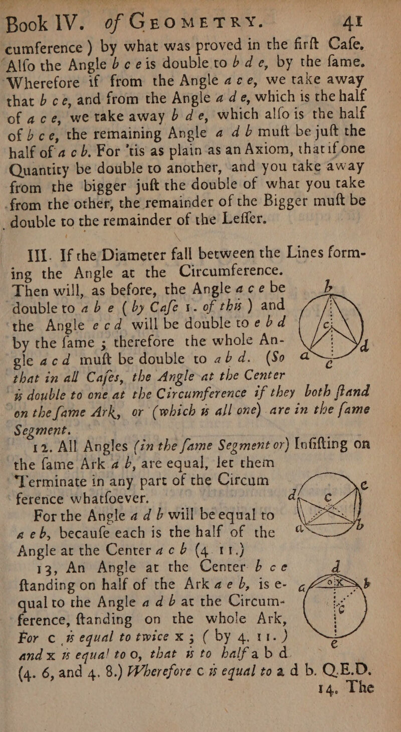cumference ) by what was proved in the firft Cafe, “Alfo the Angle 6 ¢ eis double to 6d e, by the fame. ‘Wherefore if from the Angle ace, we take away that b ce, and from the Angle 4 de, which is the half of ace, we take away b de, which alfois the half of bce, the remaining Angle a d mutt be juft the half ofa cb. For ‘tis as plain as an Axiom, thatifone Quantity be double to another, and you take away from the bigger juft the double of what you take from the other, the remainder of the Bigger muft be _double to the remainder of the Leffer. Ill. If che Diameter fall between the Lines form- ing the Angle at the Circumference. Then will, as before, the Angle ace be double to ab e (by Cafe 1. of ths ) and ¢ b the Angle e cd. will be double toe bd IN d by the fame ; therefore the whole An- “irs gle acd muft be double to abd. (So 4; that in all Cajes, the Angle-at the Center % double to one at the Circumference if they both ftand on the fame Ark, or (which w all one) are in the fame Segment. 12. All Angles (in the fame Segment or) uffting on the fame Ark a 4, are equal, let them ‘Terminate in any part of the Circum ference whatfoever. For the Angle a d b will be equal to aeb, becaufe each is the half of the ©@ Angle ar the Center a ¢ 6 (4. 11.) 13, An Angle at the Center b ce d ftanding on half of the Ark ae b, ise- ¢A-@X\b qual to the Angle a d 6 at the Circum- ference, ftanding on the whole Ark, For c # equal to twice x 3 ( by 4. 11.) and x % equa! too, that «to halfabd. ‘ (4. 6, and 4. 8.) Wherefore c # equal toa d b. Q.E.D.