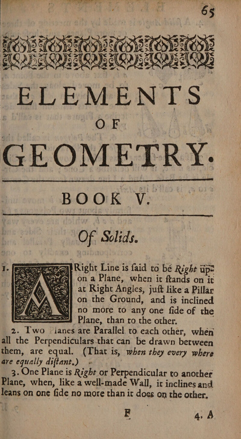 LORE COSC SEC SLCC Ore) nore ELEMENTS GEOMETRY. BOOK V. Of Silids. Walt Right Line is faid to bé Right iipz ion a Plane, when it ftands on it my at Right Angles, juft like a Pillar Kyi} on the Ground, and is inclined Wi] no more to any one fide of the Plane, than ro the other, 2. Iwo ianes are Parallel. to each other, when all the Perpendiculars.that can be drawn between them, are equal. (That is, when they every where are equally diftant.) | 3. One Plane is Right or Perpendicular to another Plane, when, like a well-made Wall, ir inclines and leans on one fide no more than it does on the other. BE 4,8 if iN I ARNE EF Ge FD) oe