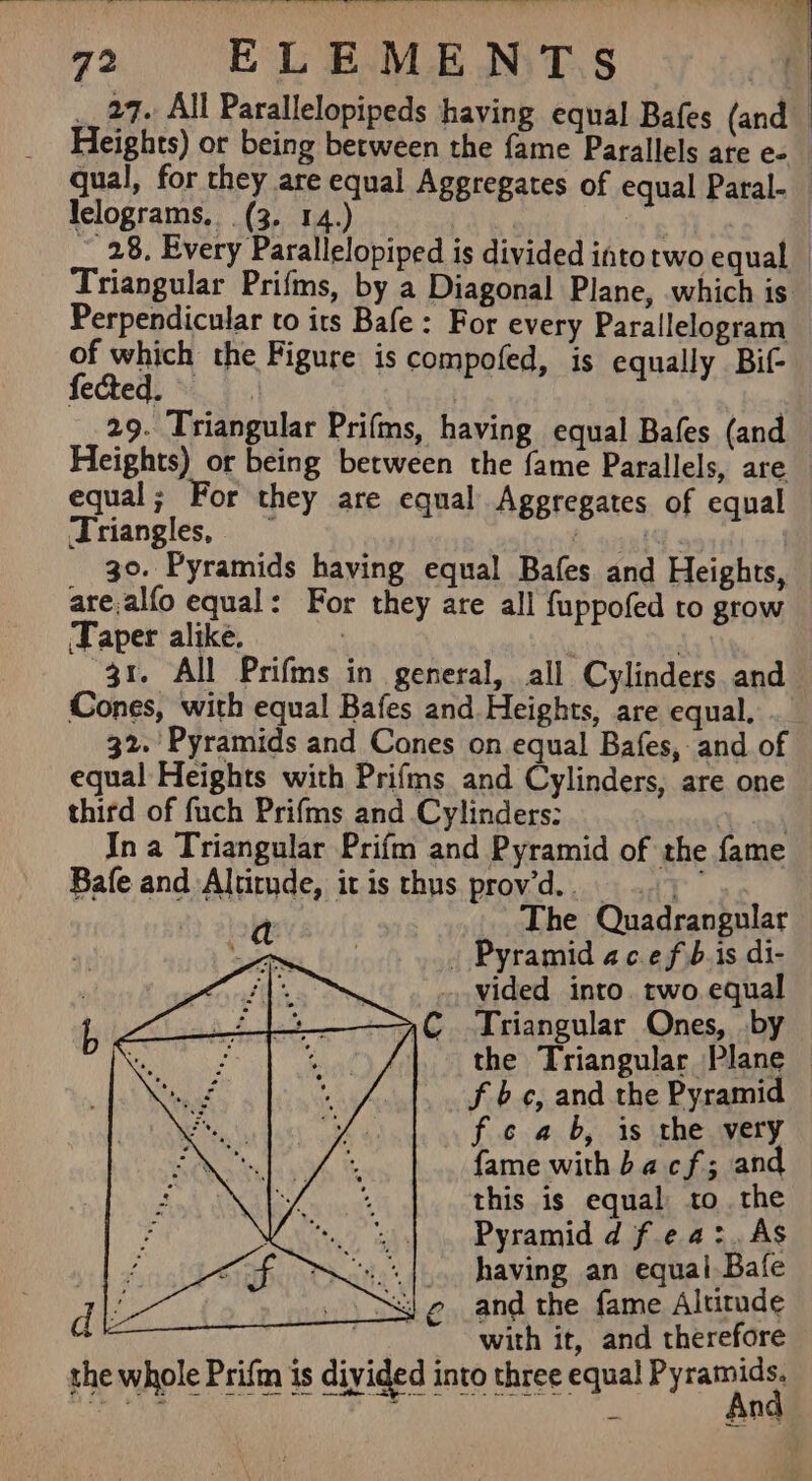 q2 ELEMENTS __ 27. All Parallelopipeds having equal Bafes (and Heights) or being between the fame Parallels are e- qual, for they are equal Aggregates of equal Paral- lelograms.. (3. 14.) : ; __ 28. Every Parallelopiped is divided into two equal Triangular Prifms, by a Diagonal Plane, which is Perpendicular to its Bafe: For every Parallelogram of which the Figure is compofed, is equally Bif- feted.» | . 29. Triangular Prifms, having equal Bafes (and Heights) or being between the fame Parallels, are equal; For they are equal Aggregates of equal ‘Triangles, ere | 30. Pyramids having equal Bafes and Heights, are,alfo equal: For they are all fuppofed to grow ‘Taper alike. : ; 31. All Prifms in general, all Cylinders and Cones, with equal Bafes and. Heights, are equal, . 32. Pyramids and Cones on equal Bafes, and of equal Heights with Prifms and Cylinders, are one third of fuch Prifms and Cylinders: eS In a Triangular Prifm and Pyramid of the fame Bafe and Altimde, itis thus provd.. ., .. The Quadrangular . Pyramid ac.ef bis di- vided into. rwo equal C Triangular Ones, by the Triangular Plane f 6c, and the Pyramid f cab, is the very fame with ba cf; and this is equal tothe Pyramid d f.e4:.As | having an equal Bafe d Je and the fame Altitude . . with it, and therefore the whole Prift is divided into three equal hae es. ets, . ; nd