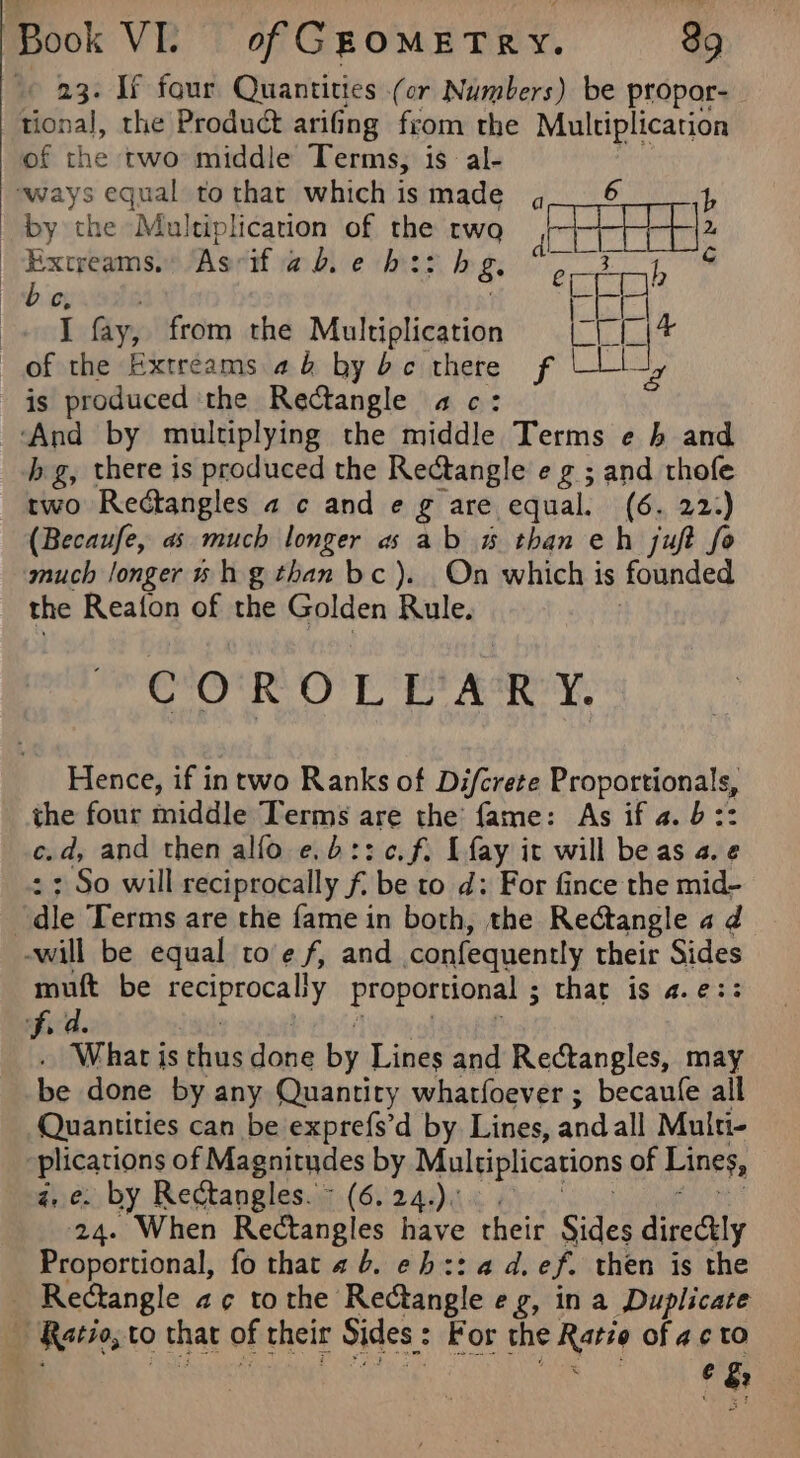 © 23. If four Quantities (or Numbers) be propor- tional, the Produét arifing from the Multiplication of the two middle Terms, is al- ways equal to that which is made 6 Pd b _ by the Multiplication of the two ter, _Excreams. Asrifiad. e bs: bg. «cep? c E bio Rivet fay, from the Multiplication wie p tt a of the Extreams a by 6c there f is produced ‘the Rectangle ac: ‘And by multiplying the middle Terms e b and hg, there is produced the Rectangle e g ; and thofe two Rectangles 2 c and e g are equal. (6. 22:) (Becaufe, as much longer a ab # than eh juft fo much longer sh g than bc). On which is founded the Reaton of the Golden Rule, COROLLARY. Hence, if intwo Ranks of Difcrete Ba Se Sih ig the four middle Terms are the’ fame: As if 4. 5:: c.d, and then alfo e.b:: c.f, [fay it will be as 4. ¢ : So will reciprocally fi be to d: For fince the mid- dle Terms are the fame in both, the Rectangle a d -will be equal toe f, and confequently their Sides mutt be Recpepcaly proportional 5 that is 4.e: » Whar is sts done by Lines and Rectangles, may be done by any Quantity whatfoever ; becaufe all Quantities can be exprefs’d by Lines, andall Multi- plications of Magnitudes by Multiplications of Lines, gz, ¢. by Rectangles. ~ (6. 24.) 24. When Rectangles sea their Sides directly Proportional, fo that 4 6. eh::ad.ef. then is the _ Rectangle a¢ tothe Rectangle eg, ina Duplicate 3 Ratio, to ) that of their Sides : For the Ratio of a ¢to bs