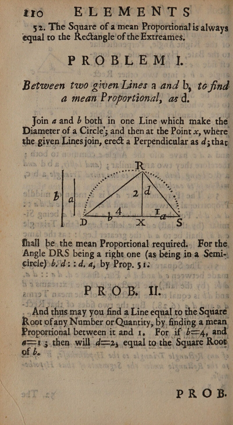 r10 ELEMENTS 52. The Square of a mean Proportional is always equal to the Rectangle’ of the Extreames. PROBLEM 1. Between two given Lines a and b, to find a mean Proportional, asd. Join 2 and } both in one Line which make the Diameter of a Circle’; and then at the Point x, where the.given Lines join, erect a Perpendicular as d;thar fhall be. the mean Proportional required... For the, Angle DRS being a right.one (as being in.a Semi-) Gircle) b/d: 3 d..a, by Prop. 512 sett pean tPoR a taee tte . And thus. may you find a Line equal to the Square Root of any Number or Quantity, by. finding a mean. Proportional between it and 1. For if 4==4, and. ‘ts then. will .d—=25 equal to.the Square Root 9) e 3 : 3 PROB.