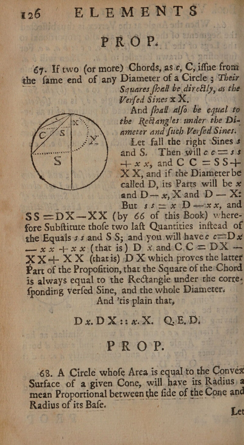 7 69. If two (ot mote) Chords, asc, C, iffue from the fame end of any Diameter of a Circle 5 Their Ky ac Squares fhall be direEly, as the Verfed SinesxX, | And fhall alfo. be equal to the Retiangles: under the Di- ameter and {uch Verfed Sines. Let fall the right ‘Sines s and §. Then. willee—ss +x, andC C =S$5$-- ’X X, and if che Diameter bé called D, its Patts will be x and D— x, X-and D— X: aati oy But ss — x D—x-x, and $$ =DX—XX (by 66 of this Book) where- fore Subftitute thofe two laft Quantities inftead of the Equals s.s and $$; and you will havee c=Dx —xe-+-xx (that is) D x andC.C=— DX — ~XX-+ X X (tharis) DX which proves the latter Part of the Propofition, that the Square of the»Chord is always equal to the Rectangle under the corre. fponding verfed Sine, and the whole Diameter. ; And ’tis-plain that, Dx DX:: aX. QED; PROP. 68. A Circle whofe Area is equal to the Convex Surface of a given Cone, will have irs Radius, a mean Proportional between the fide of the Cone and Radius of its Bafe. ih ae €