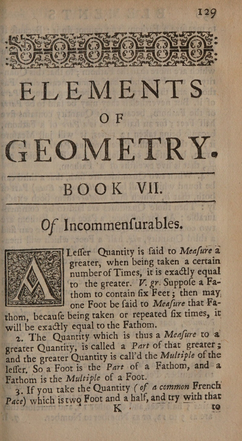 RORROERORIORIORIO pt chs « ELEMENTS GEOMETRY. BOOK VIL Of Incommenfurables. Leffer Quantity is faid to Meafure a greater, when being taken a certain j] number of Times, it is exactly equal S41 'to the greater. V. gr. Suppofe a Fa- thom to contain fix Peet; then may, eS! one Foot be {aid to Meafure that Fa- thom, becaufe being taken or repeated fix times, it will be exactly equal to the Fathom. 2. The Quantity which is thus a Meafure to a greater Quantity, is called a Part of that greater; — and the greater Quantity is call’d the Mulezple of the leffer, So a Foor is the Part of a Fathom, and-a ‘Fathom is the Multzple of a Foot. . 3. If you take the Quantity ( of a common French Pace) which istwa Foot roe a half, and try with that i rele t@