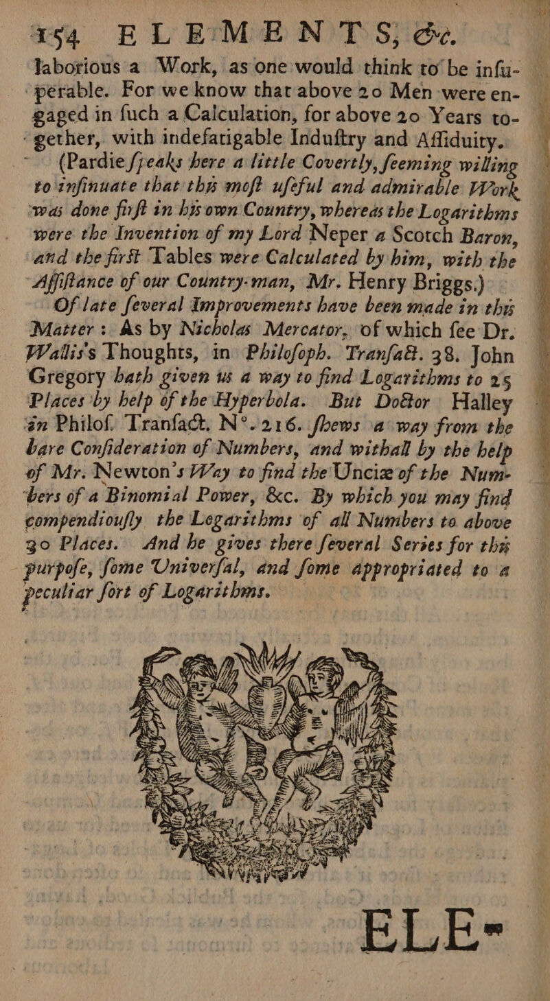 a4 ELEMENTS; Ge. laborious a Work, as one would think to’be infy- -pérable. For we know that above 20 Men-wereen- _ gaged in fuch a Calculation, for above 20 Years to- _ gether, with indefatigable Induftry and Affiduiry.. (Pardie /peaks here a little Covertly, feeming willing — to infinuate that thy moft ufeful and admirable Work — ‘was done firft in hisown Country, whereas the Logarithms were the Invention of my Lord Neper a Scotch Baron, and the first Tables were Calculated by him, with the Affiftance of our Country-man, Mr, Henry Briggs.) Of late feveral Improvements have been made in this Matter: As by Nicholas Mercator, of which fee Dr, Wailliss Thoughts, in Philofoph. Tranfa@. 38. John Gregory bath given us a way to find Logarithms to 25 Places by help of the Hyperbola. But Doéor Halley én Philof. Tranfact. N°.216. fhews a way from the bare Confideration of Numbers, and withall by the help of Mr. Newton's Way to find the Unciz of the Num- ‘bers of a Binomial Power, &amp;c. By which you may find compendioufly the Legarithms of all Numbers to above 30 Places. And he gives there feveral Serses for thes purpofe, fome Univerfal, and fome appropriated to a peculiar fort of Logarithms. Gos : oS N