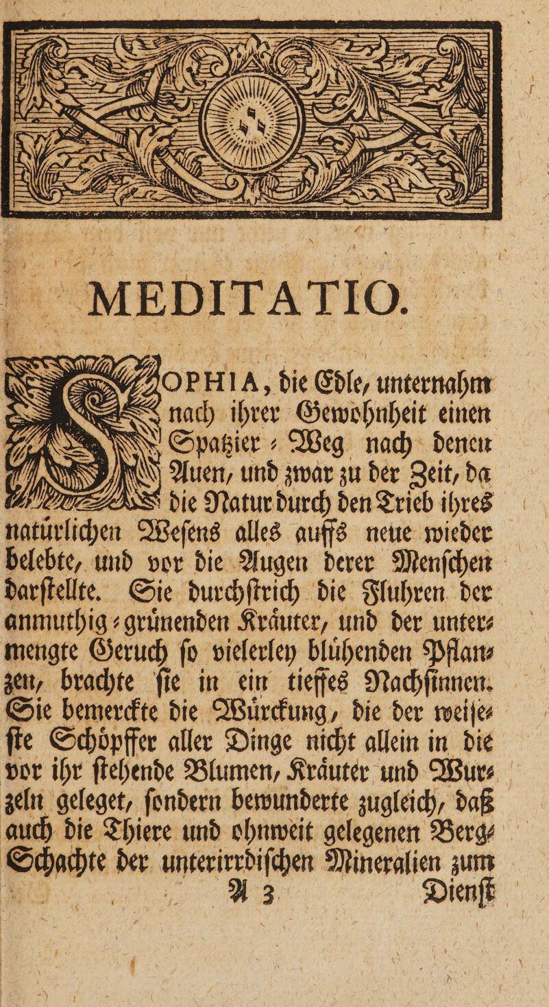 Spatzier⸗ Weg nach denen 5 DV Auen, und zwar zu der Zeit, da die Natur durch den Trieb ihres natuͤrlichen Weſens alles auffs neue wieder darſtellte. Sie durchſtrich die Fluhren der anmuthig⸗gruͤnenden Kräuter, und der unter mengte Geruch ſo vielerley bluͤhenden Pflan⸗ zen, brachte ſie in ein tieffes Nachſinnen. Sie bemerckte die Wuͤrckung, die der weiſe⸗ ſte Schoͤpffer aller Dinge nicht allein in die vor ihr ſtehende Blumen, Kraͤuter und Wur⸗ zeln geleget, ſondern bewunderte zugleich, daß auch die Thiere und ohnweit gelegenen Berg? Schachte der unterirrdiſchen Mineralien zum