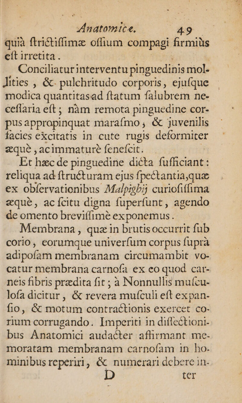 qui ftrictiffimz offlium cómpagk firmiüs eít irretita. Conciliatur interventu pinguedinis viol Jities , &amp;- pulchritudo corporis, ejufque modica quantitasad ftatum falubrem ne- ceflaria eft; nàm remota pinguedine cor- pus appropinquat marafmo, &amp; juvenilis facies excitatis in cute rugis deformirer eque ,acimmature fcnefcit. Et hzc de pinguedine dicta te Rp reliqua ad truéturam ejus fpectantiaqua ex obfervationibus Malpigb;i curiofiffima «qué, acícitu digna fuperfunt, agendo de omento breviffimé exponemus. Membrana, quz in brutisoccurrit fub corio, eorumque univerfum corpus fuprà adipofarh membranam circumambit. vo- catur membrana carnoía ex eo quod car- neis fibris praedita fit ; à Nonnullis muícu- lofa dicitur, &amp; revera mufculi eft expan- fio, &amp; motum contractionis exercet co- rum corrugando. Imperiti in diílectioni- bus Anatomici audacter affirmant me- moratam membranam carno(íam in ho- minibusreperii, &amp; numerari debere in- ter