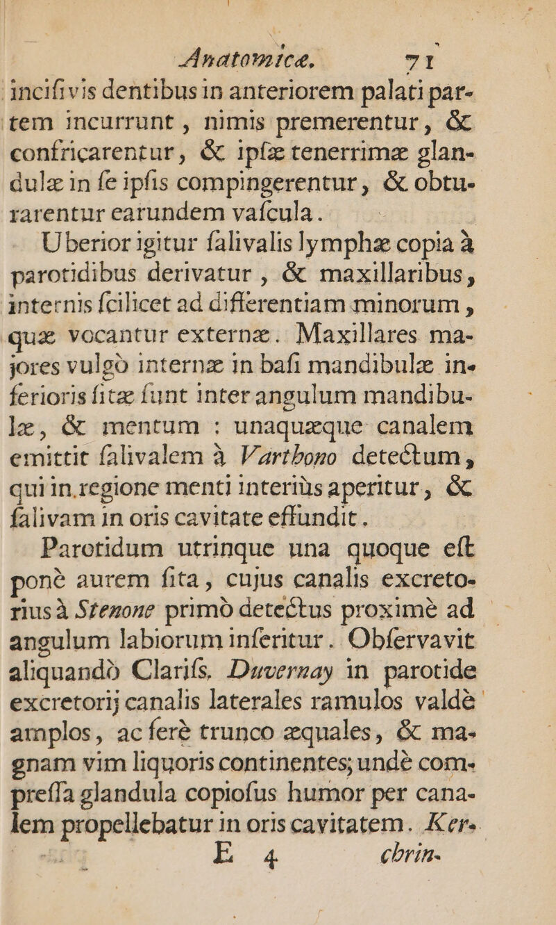 ancifivis dentibusin anteriorem palati par- tem incurrunt , nimis premerentur, &amp; confricarentur, &amp; ipfz tenerrimz glan- dulz in fe ipfis compingerentur, &amp; obtu- rarentur earundem vaícula. Uberior igitur falivalis lymphze copia à parotidibus derivatur , &amp; maxillaribus, internis fcilicet ad differentiam minorum , qua vocantur externz.. Maxillares ma- jores vulgó internz in bafi mandibulz in. ferioris fite funt inter angulum mandibu- lz, &amp; mentum : unaquzque canalem emittit falivalem à Vartboso detectum, quiin.regione menti interiis aperitur, &amp; falivam in oris cavitate effundit . : Paretidum utrinque una quoque eft poné aurem fita, cujus canalis excreto- riusà Sfezone primó detectus proxime ad. - angulum labiorum inferitur .. Obfervavit aliquando Clarifs: Duverzay in. parotide excretorij canalis laterales ramulos valdé- amplos, acfíeré trunco equales, &amp; ma- gnam vim liquoris continentes; unde com- preffa glandula copiofus humor per cana- lem propellebatur in oris cavitatem. Ker. ao dí 4 cbrin-