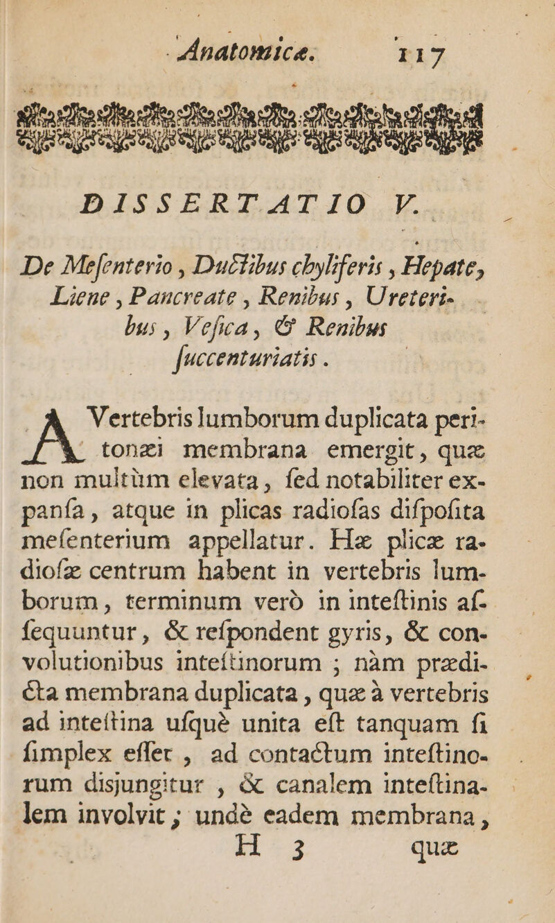 dedu dod sudes eotoros9OUO DISSERT ATIO V. De Mejenterio , Ductibus cbyliferis , Hepate, Liene , Pancreate , Renibus , Ureteri- bus, Vefuwa, C Renibus fuccenturiatis . | Vertebris lumborum duplicata peri. , tonzi membrana emergit, quz non inultim elevata, fed notabiliter ex- panía, atque in plicas radiofas difpofita meíenterium appellatur. Hz plicz ra- diofz centrum habent in vertebris lum- borum, terminum veró in inteflinis af- fequuntur, &amp; reífpondent gyris, &amp; con- volutionibus inteítinorum ; nàm przdi- cta membrana duplicata , qua à vertebris ad inteítina ufqué unita eít tanquam fi fimplex effet , ad contactum inteftino- rum disungitur , &amp; canalem inteftina- lem involvit; undé eadem membrana, Er 53 quz