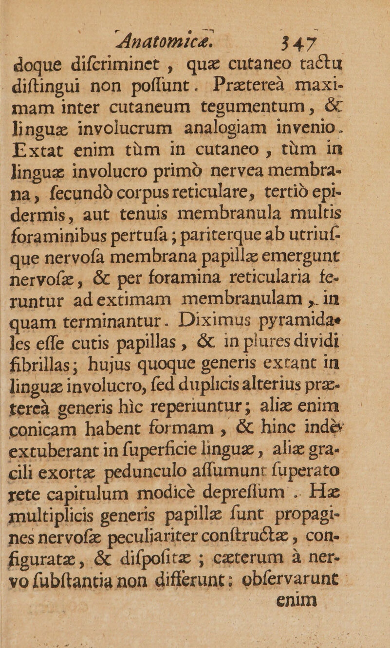doque difcriminet , qua cutaneo tactu diftingui non poffunt. Pratereà maxi- mam inter cutaneum tegumentum , &amp; linguz involucrum analogiam invenio. Extat enim tüm in cutaneo , tüm in linguz involucro primó nervea membra- na, fecundo corpusreticulare, tertio epi- dermis, aut tenuss membranula multis foraminibus pertufa ; pariterque ab utriuf- que nervofa membrana papilla emergunt nervofz , &amp; per foramina reticularia fe- runtur adextimam membranulam ,. in quam terminantur. Diximus pyramidae les effe cutis papillas , &amp; in plures dividi fibrillas; hujus quoque generis extant in lingue involucro, fed duplicis alterius pra- tercà generis hic reperiuntur; aliz enim conicam habent formam , &amp; hinc indé* extuberant in fuperficie linguz , alize gra- cili exortz pedunculo affumunt fuperato rete capitulum modice depreflum .. Hz multiplicis generis papille funt propagi- nes nervofz peculiariter conítruótz , con - figuratz, &amp; difpofitz ; ceterum à ner- vo fubftantia non differunt; obíervarunt enim
