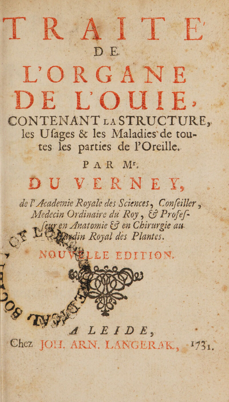 D RÉMI TE. LORGANE DE LOUE: CONTENANT LASTRUCTURE, les Ps 28 &amp; les Maladies de tou- tes les parties de POreille. PAR M: D'UN ER NET, del Acaderie Royale des Sciences, C onfeiller + Medecin Ordinaire du Roy , &amp; Profef- 5e 4 en Anatomie €S en Chirurgie au. FAR L'Épnr ER des Plantes. | VALLE EDI TION. gi 6 “o ti as Q Q: | HA RARES ENS Chez JOIT, ARN. LANGERAR,, 51731.