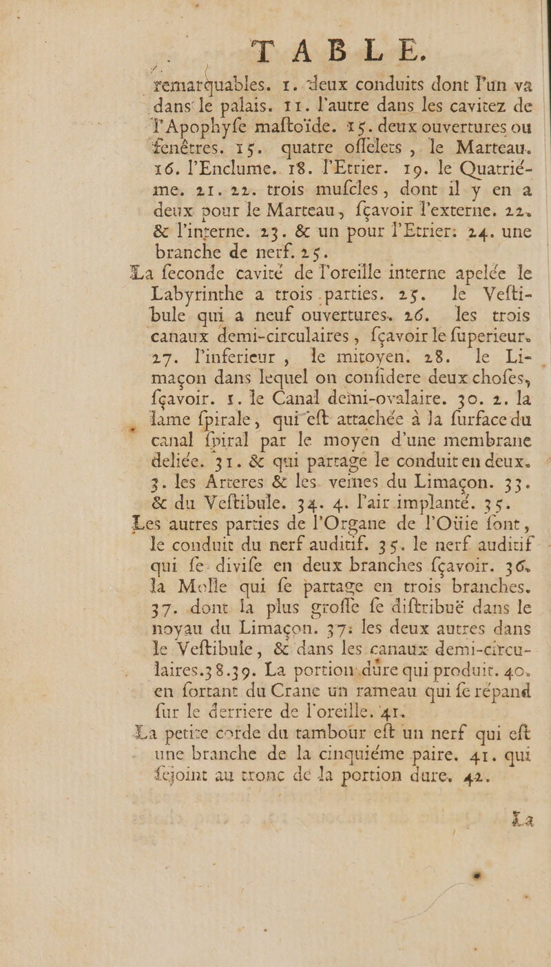 fa E | remarquables. 1. deux conduits dont Pun va dans le palais. 11. l’autre dans les cavitez de TApophyfe maftoïde. 15. deux ouvertures ou fenêtres. 15. quatre oflelers , le Marteau. 16. l’Enclume. 18. l'Etrier. 19. le Quatrié- me. 21.22. trois mufcles, dont il y en a deux pour le Marteau, fcavoir l’externe, 22. &amp; l’interne. 23. &amp; un pour l’Etrier: 24. une branche de nerf. 25. La feconde cavité de l'oreille interne apelée le Labyrinthe a trois parties. 25. le Vefti- bule qui à neuf ouvertures. 26. les trois canaux demi-circulaires , fçavoir le fuperieur. 27. liniendur / 1e miionen. 26,1. le, Lit maçon dans lequel on confidere deux chofes, fçavoir. 1. le Canal demi-ovalaire. 30. 2. la lame fpirale, qui’eft attachée à Ja furface du canal fpiral par le moyen d’une membrane deliée. 31. &amp; qui partage le conduit en deux. 3. les Arteres &amp; les. vernes du Limaçon. 33. &amp; du Veftibule. 3x. 4. l'air implanté. 35. Les autres parties de l'Organe de l'Oüie font, le conduit du nerf auditif, 35. le nerf auditif qui fe divife en deux branches fçavoir. 36, la Melle qui fe partage en trois branches. 37. dont la plus grofle fe diftribuë dans le noyau du Limaçon. 37: les deux autres dans le Veftibule, &amp; dans les canaux demi-circu- laires.38.39. La portion\düre qui produit. 40. en fortant du Crane un rameau qui fe répand fur le derriere de l'oreille: #r. La petise corde du tambour eft un nerf qui eft une branche de la cinquiéme paire. 41. qui fejoint au tronc de la portion dure, 42. La