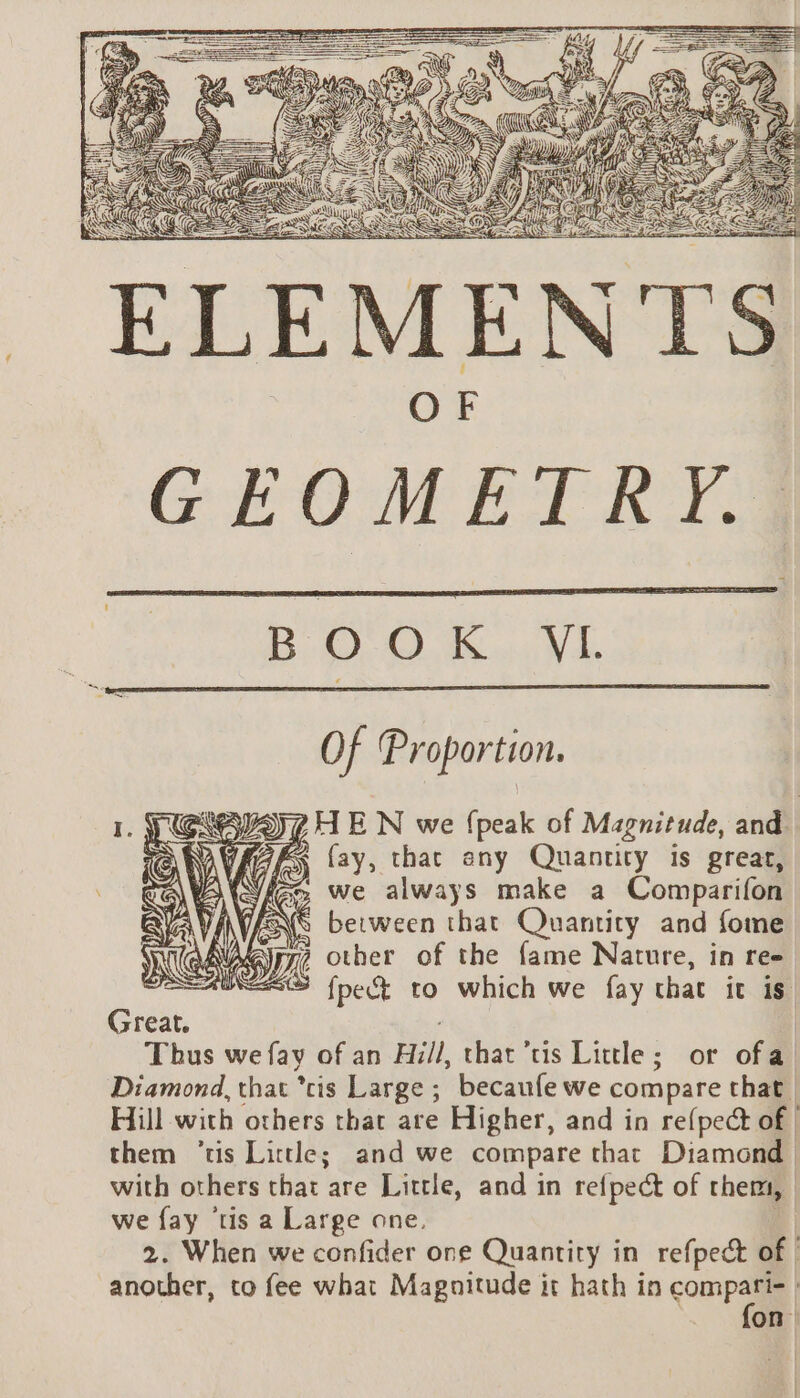 BO: Ow Wd ek Proportion. À (ay, that any ee is great, we always make a Comparifon WENS between that Quantity and fome AY Se other of the {ame Nature, in ree | fpe&amp; to which we fay that it is Great. Thus we fay of an Hill that ’tis Little; or ofa Diamond, that *tis Large ; becaufe we compare chat Hill with others that are Higher, and in refpect of | them ‘tis Little; and we compare that Diamond | with others that are Little, and in refpeét of them, | we fay ‘tis a Large one. 2. When we confider one Quantity in refpect of | another, to fee what Magnitude it hath in a | ) on.