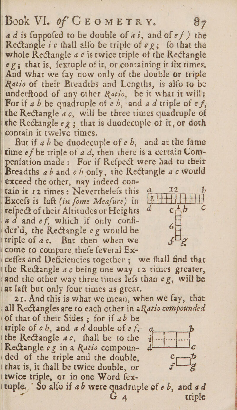 a d is fuppofed to be double of 27, and of ef ) the Rectangle zc fhall alfo be triple of eg; fo that the ‘whole Rectangle a c is twice triple of the Rectangle eg; thatis, fextuple of ir, or containing it fix rimes. And whar we fay now only of the double or triple | Ratio of their Breadths and Lengths, is alfo to be underftood of any cther Ratio, be it what it wills For if 4 6 be quadruple of e b, and 4 d triple of e f, ithe Rectangle ac, will be three times quadruple of ithe Rectangle eg ; that is duodecuple of it, or doth (contain it twelve times. But if 2b be duodecuple of eb, and at the fame ‘time ef be triple of 2 d, then there is a certain Com- penfation made: For if Refpect were nad to their .Breadths 2b and ¢ 4 only, the Rectangle a c would ‘exceed the other, nay indeed con- |tain it 12 times: Nevercheleis this @ 12 b Excefs is loft (in fome Meafure) in At 4 irefpect of their Altitudes or Heights 4 cAb © (4d and ef, which if only confi- (der d, the Rectangle e g would be à itriple of ac. But then when we FE come to compare thefe feveral Ex- (ceffes and Deficiencies together ; we fhall find that ithe Rectangle ac being one way 12 times greater, ‘and the other way three times lefs than eg, will be ‘at laft but only four times as great. 21. And this is what we mean, when we fay, that all Rectangles are to each other in aRatio compounded ‘of that of their Sides ; for if 2b be (triple of eb, and 2d double of ef, a ithe Rectangle ac, fhall be tothe il. | Rectangle eg in a Ratio compoun- d ‘ded of the triple and the double, REA {thac is, it fhall be twice double, or FE (twice triple, or in one Word fex- | ituple. ” So alfo if 44 were quadruple of eb, and 4 d a G4 triple