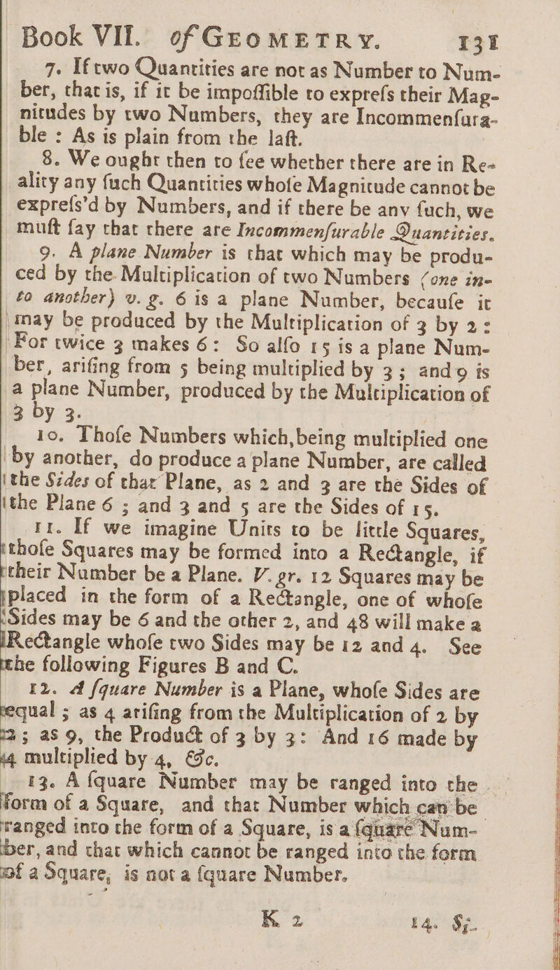 7. Iftwo Quantities are not as Number to Num- ber, that is, if it be impoffible to exprefs their Mag- nitudes by two Numbers, they are Incommenfura- ble : As is plain from the laft. 8. We ought then to fee whether there are in Re ality any fuch Quantities whofe Magnitude cannot be exprefs’d by Numbers, and if there be anv fuch, we muft fay that there are Incommenfurable Quantities. 9. A plane Number is that which may be produ- ced by the Multiplication of two Numbers (one in- to another) v.g. 6 is a plane Number, becaufe it may be produced by the Multiplication of 3 by 2 : For twice 3 makes 6: So alfo 15isa plane Num- ber, arifing from 5 being multiplied by 3; ando is a plane Number, produced by the Multiplication of 3 by 3. 10. Thofe Numbers which,being multiplied one ‘by another, do produce a plane Number, are called ithe Sides of thar Plane, as 2 and 3 are the Sides of ithe Plane 6 ; and 3 and 5 are the Sides of rs. 11. If we imagine Units to be little Squares, ithofe Squares may be formed into a Rectangle, if their Number be a Plane. V. gr. 12 Squares may be iplaced in the form of a Rectangle, one of whofe ‘Sides may be 6 and the other 2, and 48 will make a [Rectangle whofe two Sides may be 12 and 4. See tthe following Figures B and C. 12. À fquare Number is a Plane, whofe Sides are equal ; as 4 arifing from the Multiplication of 2 by 2 ; as 9, the Product of 3 by 3: And 16 made by 4 multiplied by 4, ec. form of a Square, and that Number which can be ber, and chat which cannot be ranged into the form mf a Square, is not a fquare Number.