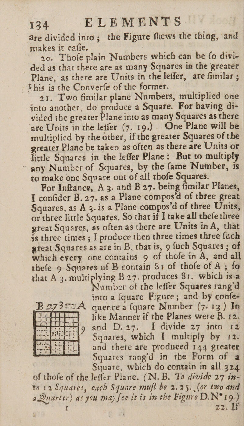 are divided into; the Figure fhews the thing, and makes it eafie. 20. Thofe plain Numbers which can be fo divi- . ded as that there are as many Squares in the greater Plane, as there are Units in the leffer, are fimilar ; - Ehis is the Converfe of the former. 21. Two fimilar plane Numbers, multiplied one into another, do produce a Square. For having di- vided the greater Plane into as many Squares as there are Units in the leffer (7. 19.) One Plane will be multiplied by the other, if the greater Squares of the greater Plane be taken as often as there are Units or little Squares in the leffer Plane: But to multiply ~ any Number of Squares, by the fame Number, is to make one Square out of all thofe Squares. For Inftance, A 3. and B 27. being fimilar Planes, I confider B. 27. as a Plane compos’d of three great Squares, as A 3.is a Plane compos’d of three Units, or three little Squares. So that if I take all thefe three great Squares, as often as there are Units in A, that is three times ; I produce then three times three fuch great Squares as are in B, that is, 9 {uch Squares ; of which every one contains 9 of thofe in A, and all thefe 9 Squares of B contain 81 of thofe of A ; fo chat A 3. multiplying B 27. produces 81. which is a Number of the leffer Squares rang d into a fquare Figure; and by confe- B273mA quence a {quare Number (7- 13.) In EEE like Manner if the Planes were B. 12. and D.27. I divide 27 into 12 Squares, which I multiply by 12. and there are produced 144 greater Squares rang’d in the Form of a | Square, which do contain in all 324 - of thofe of the leifer Plane. (N. B. To divide 27 in- to 12 Squares, each Square muft be 2.25. (or two and a Quarter) as you may fee it is in the Figure D.N*19.) I 22. Uf