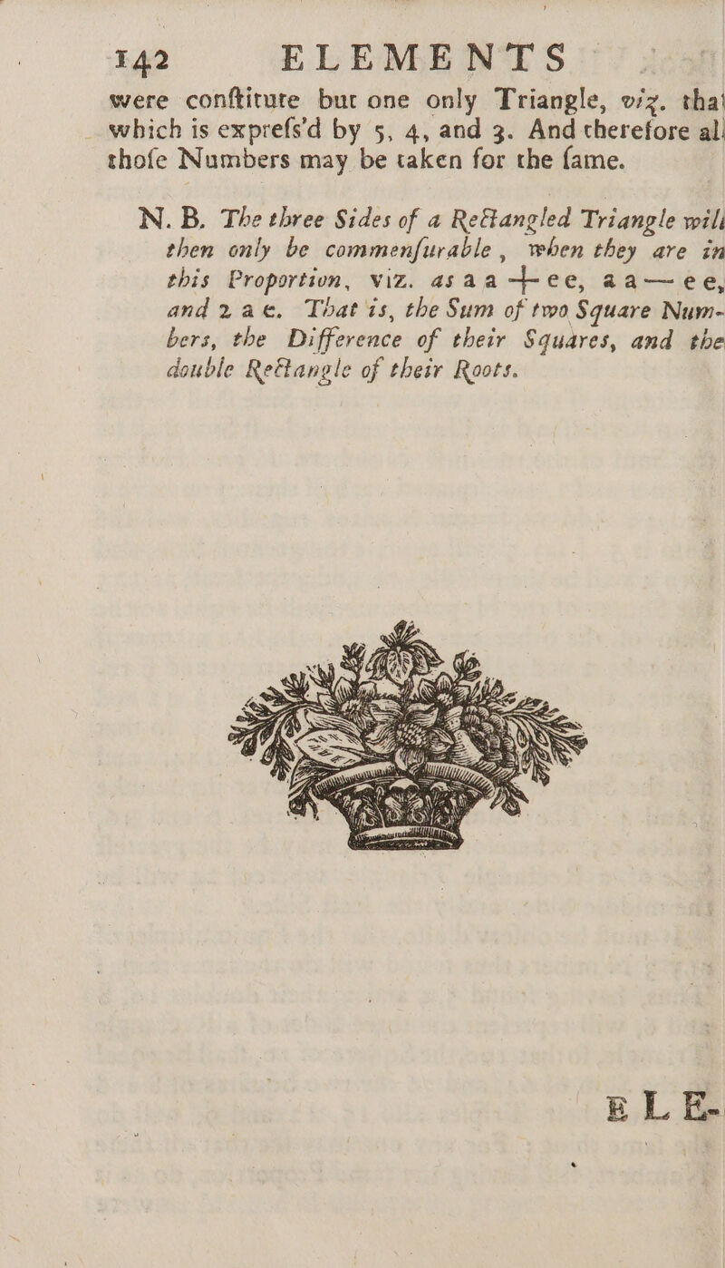 ’ 142 ELEMENTS were conftiture but one only Triangle, vfz. thai which is exprefs’d by 5, 4, and 3. And therefore al: thofe Numbers may be taken for the fame. N. B. The three Sides of a Reftangled Triangle wili then only be commenfurable, when they are in this Proportion, viz. asaa bee, aa—ee, and2ae, That is, the Sum of two Square Num- bers, the Difference of their Squares, and the double Rettangle of their Roots. 4 un TR